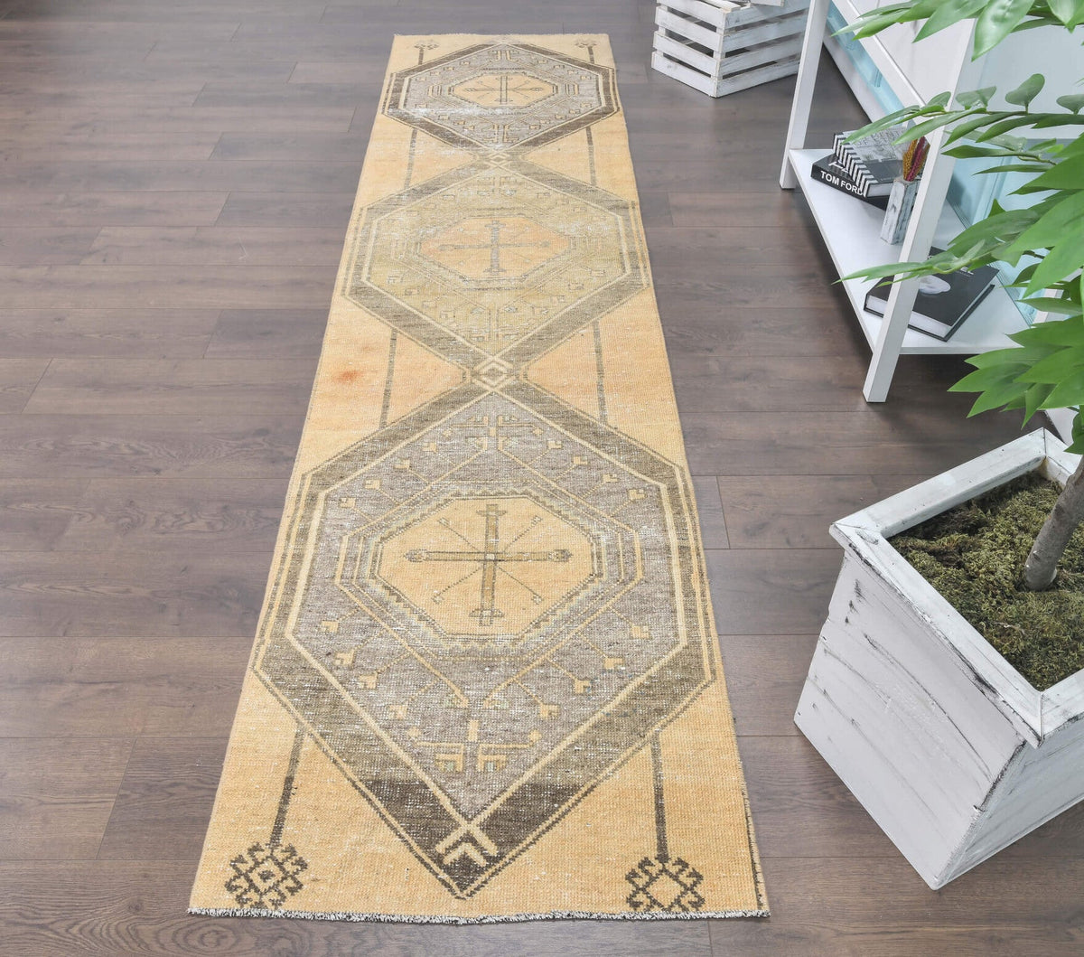 El yapımı vintage yolluk 79x320 cm tribal desenli yün - açık alan görünümü