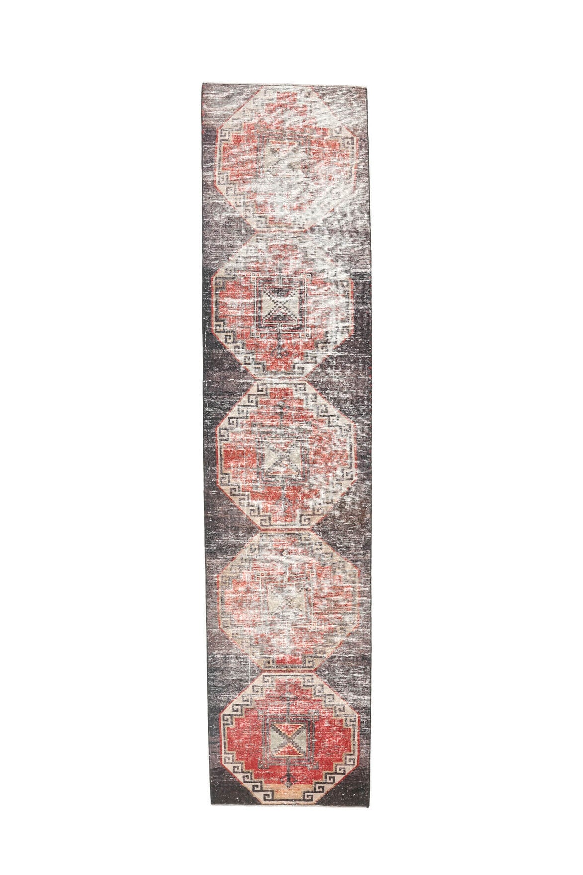 81x360 cm pembe, bej ve turuncu geometrik desenli el dokuma vintage yolluk – üstten tam görünüm