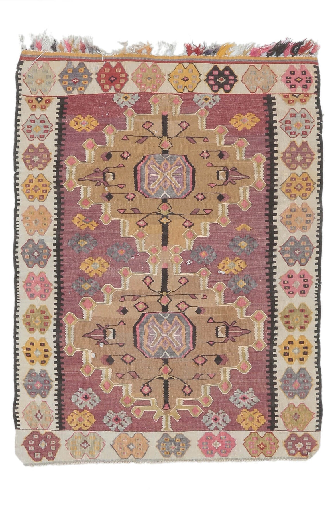 107x145 cm turuncu ve kırmızı ikat desenli el dokuma vintage kilim – üstten tam görünüm