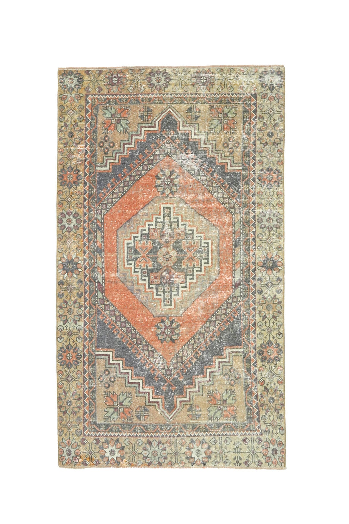 103x175 cm turuncu ve bej oryantal desenli el dokuma vintage halı – üstten tam görünüm