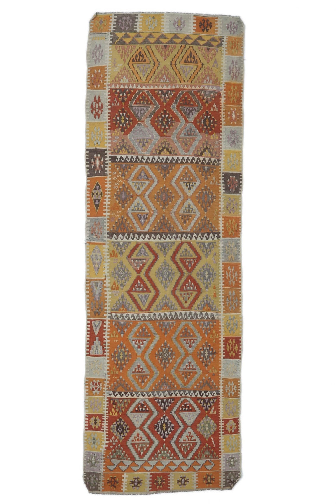 120x377 cm turuncu ve kahverengi ikat desenli vintage kilim yolluk – üstten tam görünüm