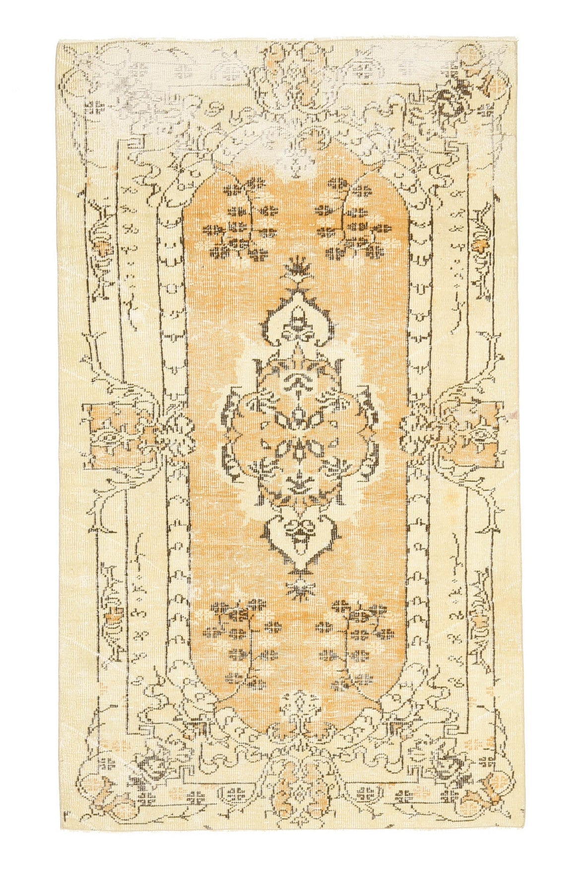 141x241 cm turuncu ve bej oryantal desenli el dokuma vintage halı – üstten tam görünüm