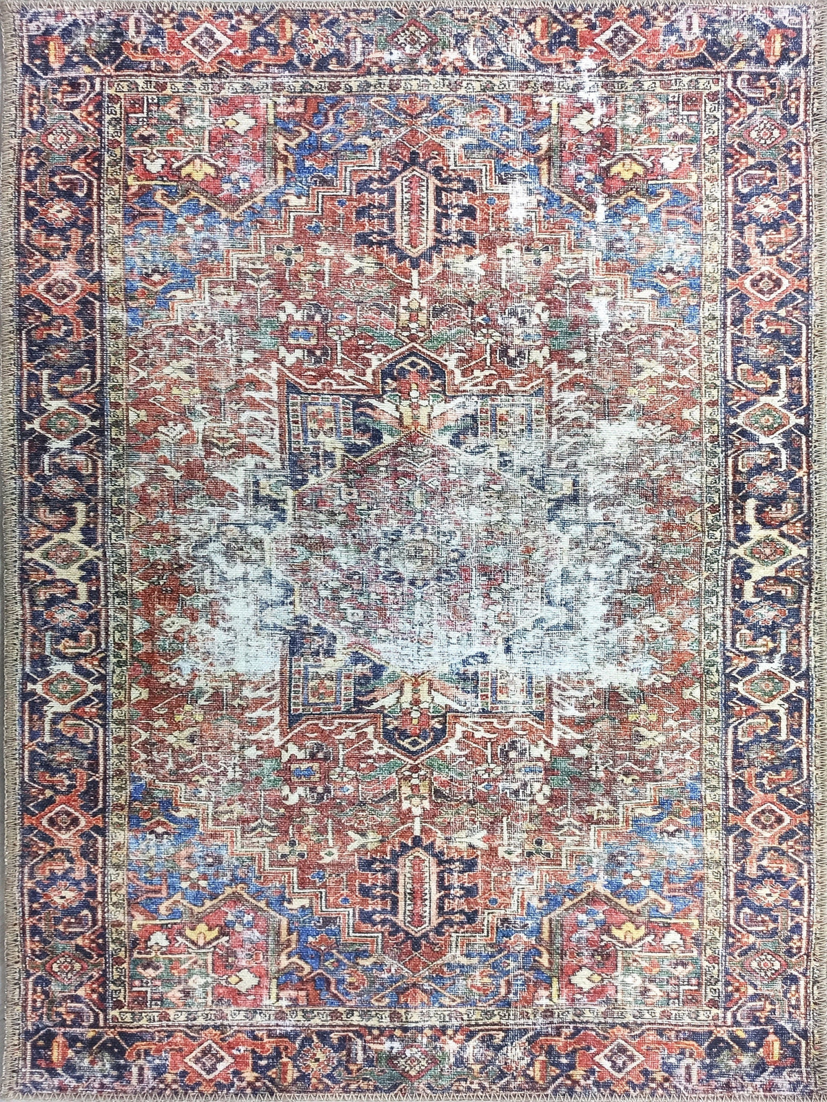 Terracotta ve Lacivert Eskitme Medalyonlu Vintage Halı