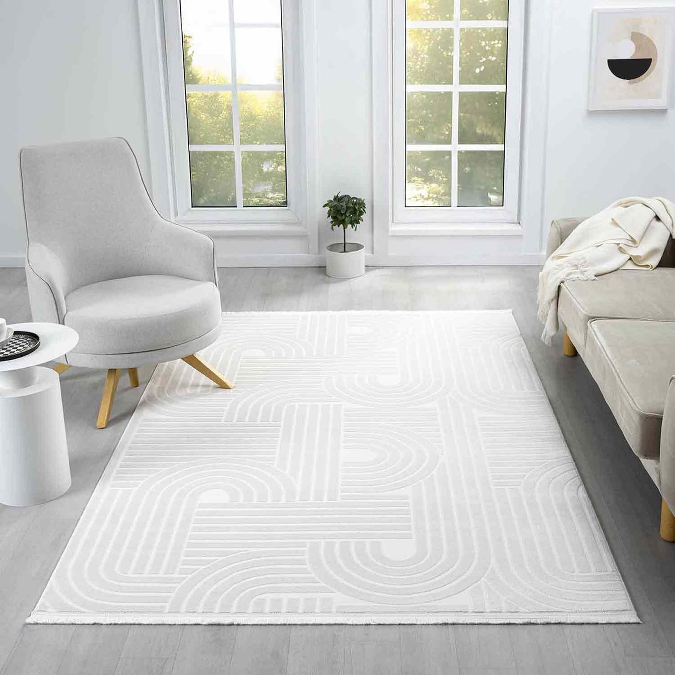Krem Beyaz Yarım Daire Geometrik Modern Halı