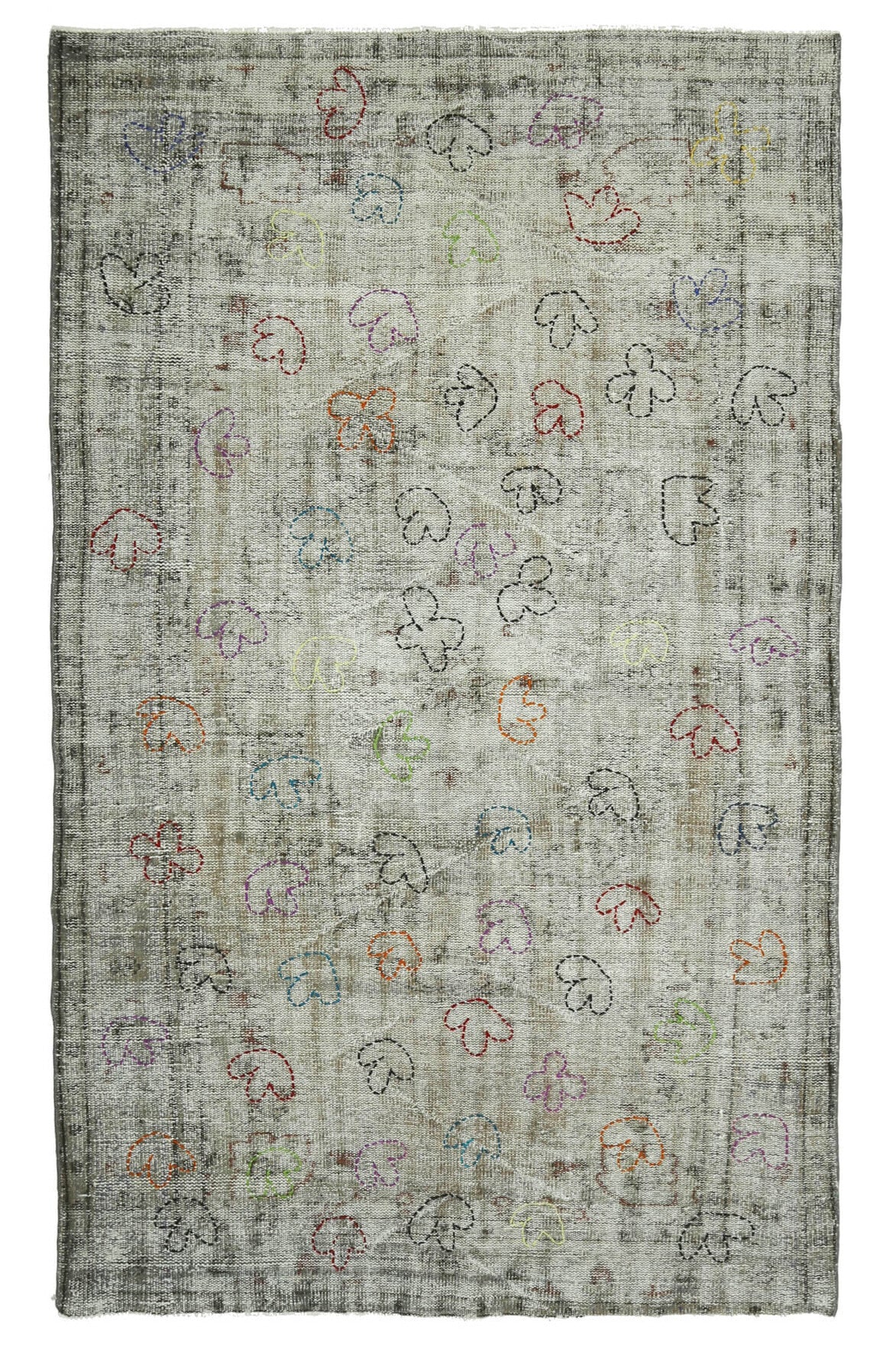 171x291 cm yeşil, gri ve bej özel tasarım desenli el dokuma vintage halı – üstten tam görünüm