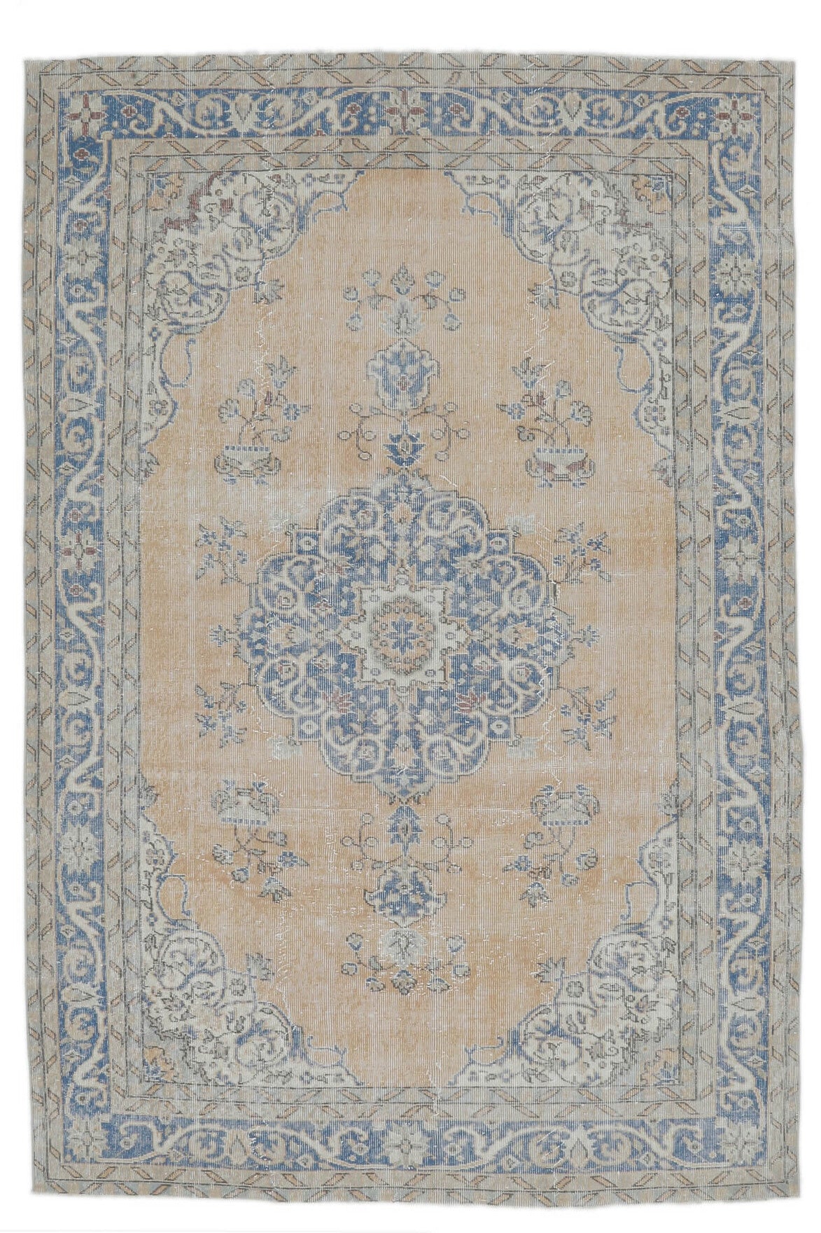 197x291 cm gri, bej ve turuncu tribal desenli el dokuma vintage halı – üstten tam görünüm