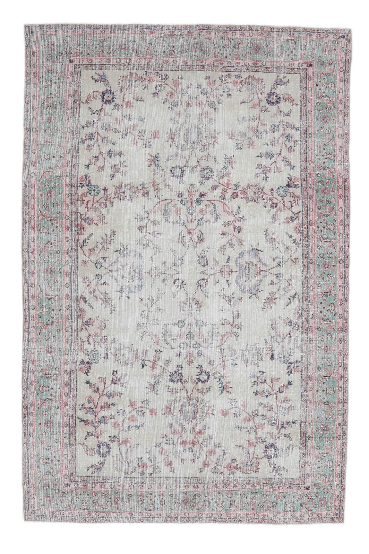225x345 cm gri ve pembe çiçek desenli el dokuma vintage halı – üstten tam görünüm