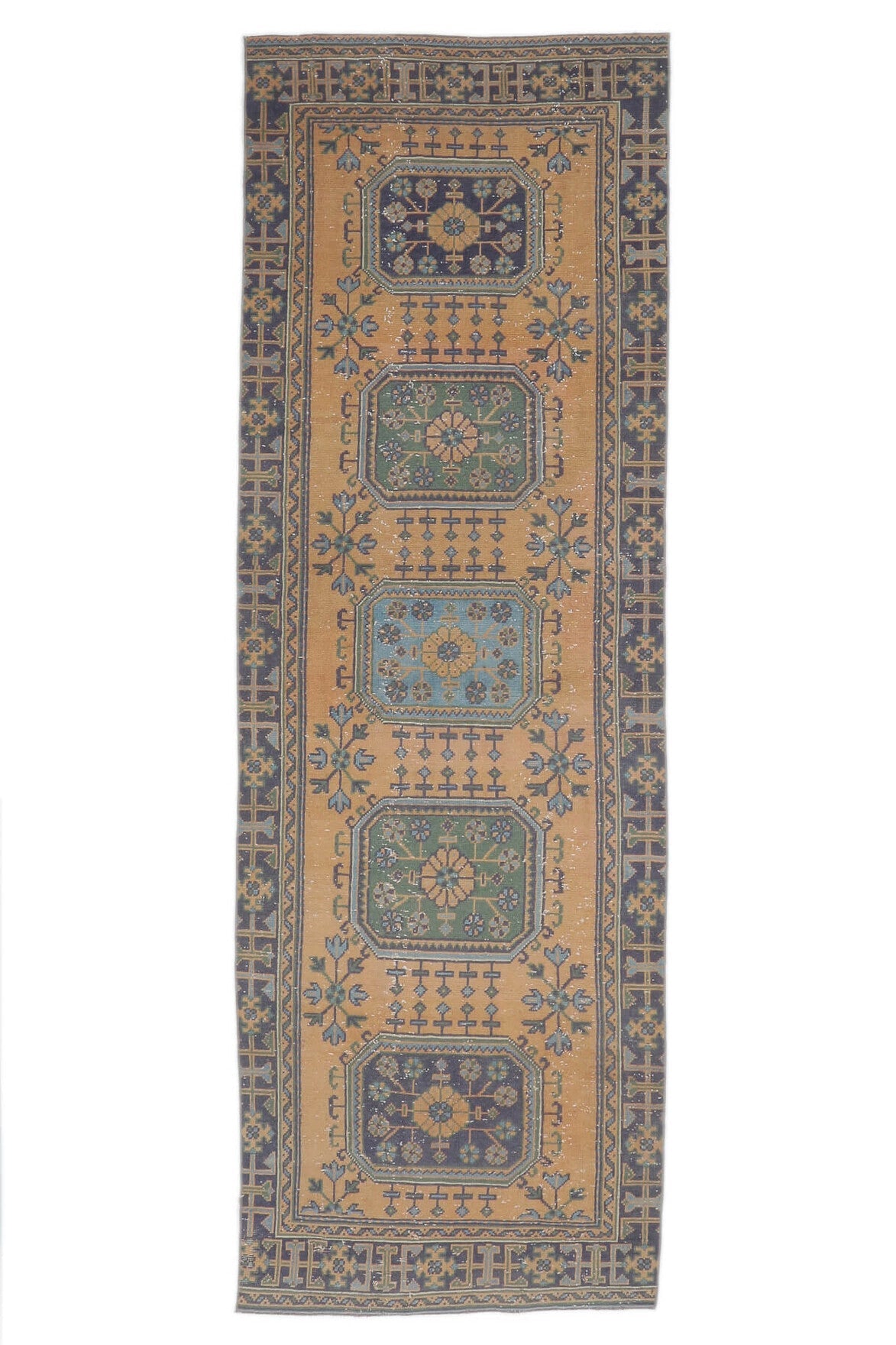 111x340 cm kahverengi ve turuncu çiçek desenli el dokuma vintage yolluk – üstten tam görünüm