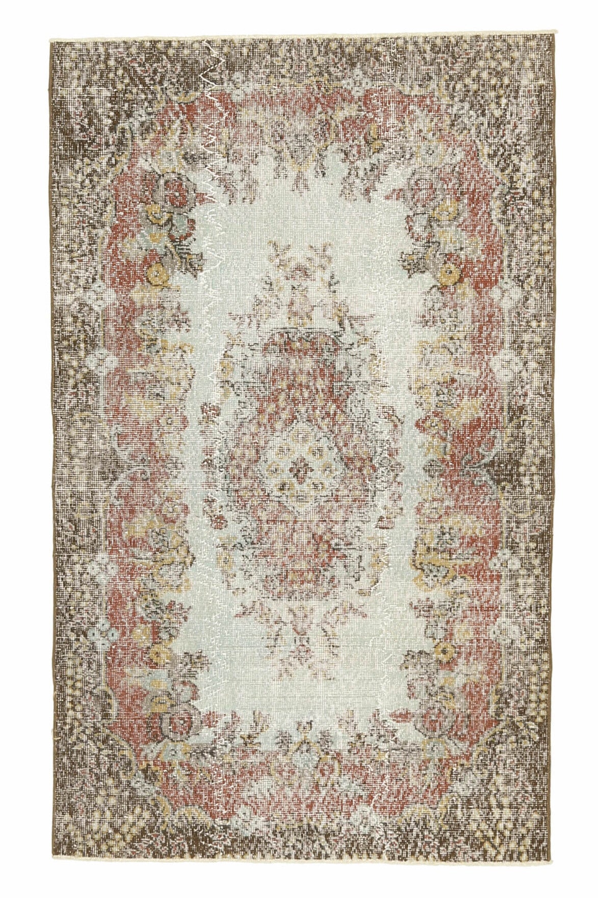 115x190 cm turuncu, bej ve kahverengi oryantal desenli el dokuma vintage halı – üstten tam görünüm