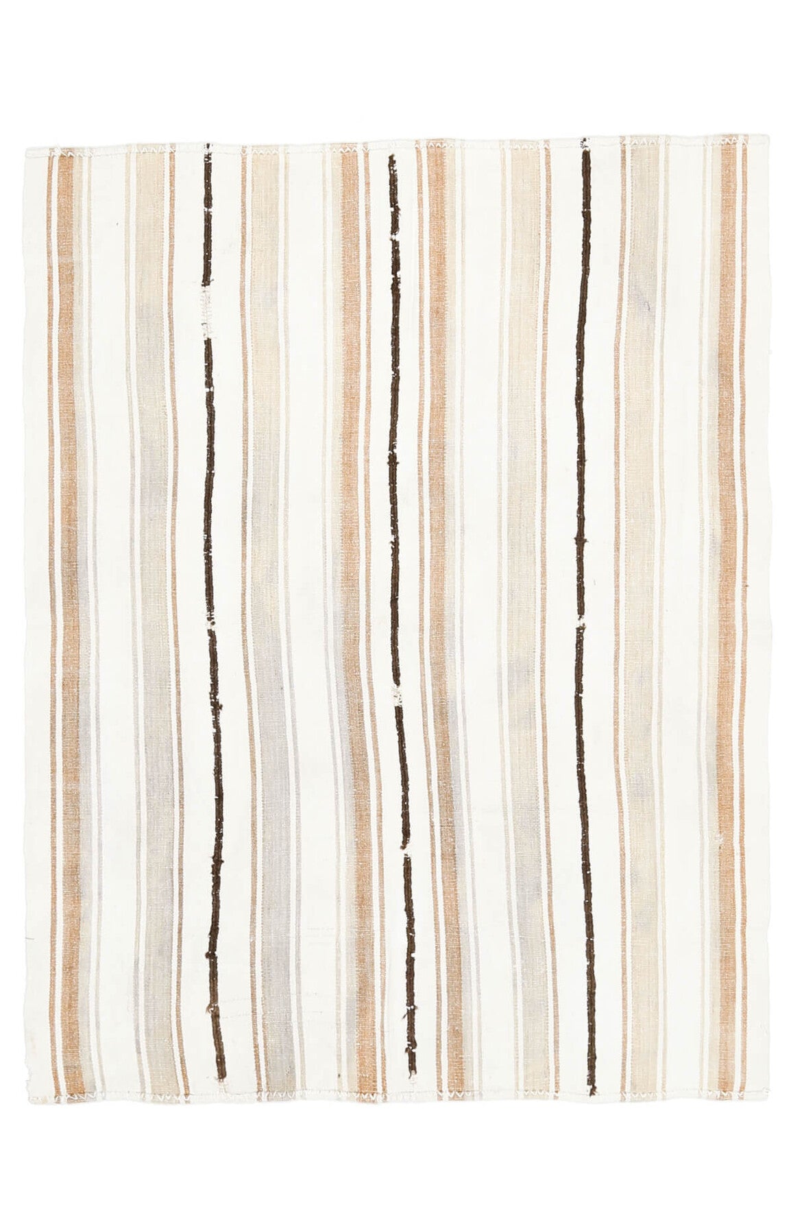 155x204 cm bej, turuncu ve beyaz çizgili el dokuma vintage kilim – üstten tam görünüm