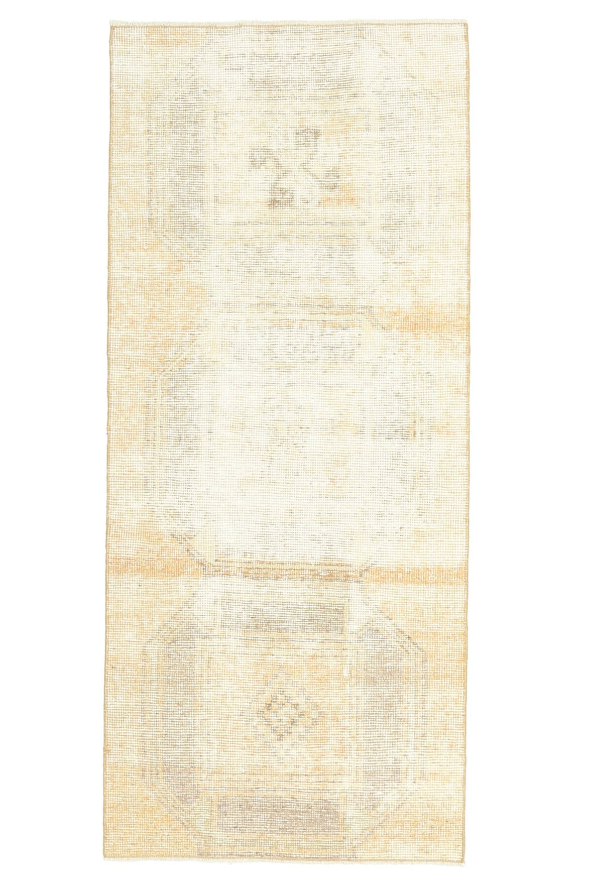 80x185 cm bej ve turuncu oryantal desenli el dokuma vintage yolluk – üstten tam görünüm