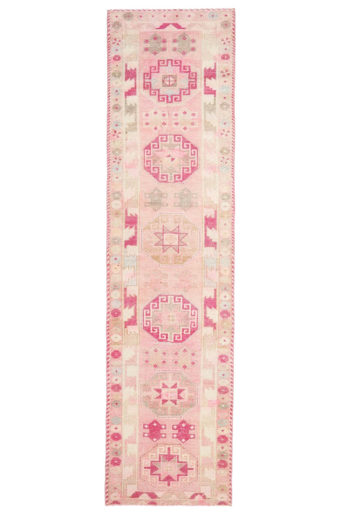 83x327 cm turuncu ve pembe tribal desenli el dokuma vintage yolluk – üstten tam görünüm