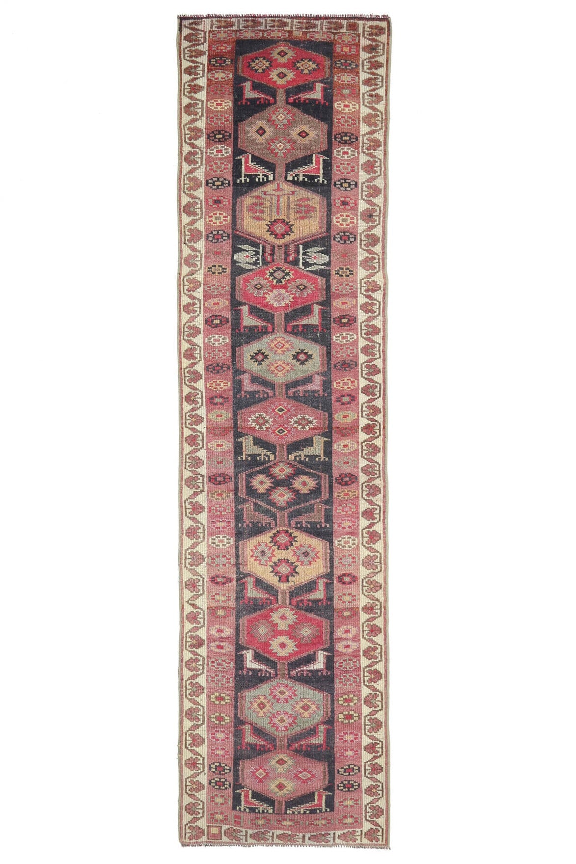 86x341 cm turuncu, pembe ve kırmızı tribal desenli el dokuma vintage yolluk – üstten tam görünüm