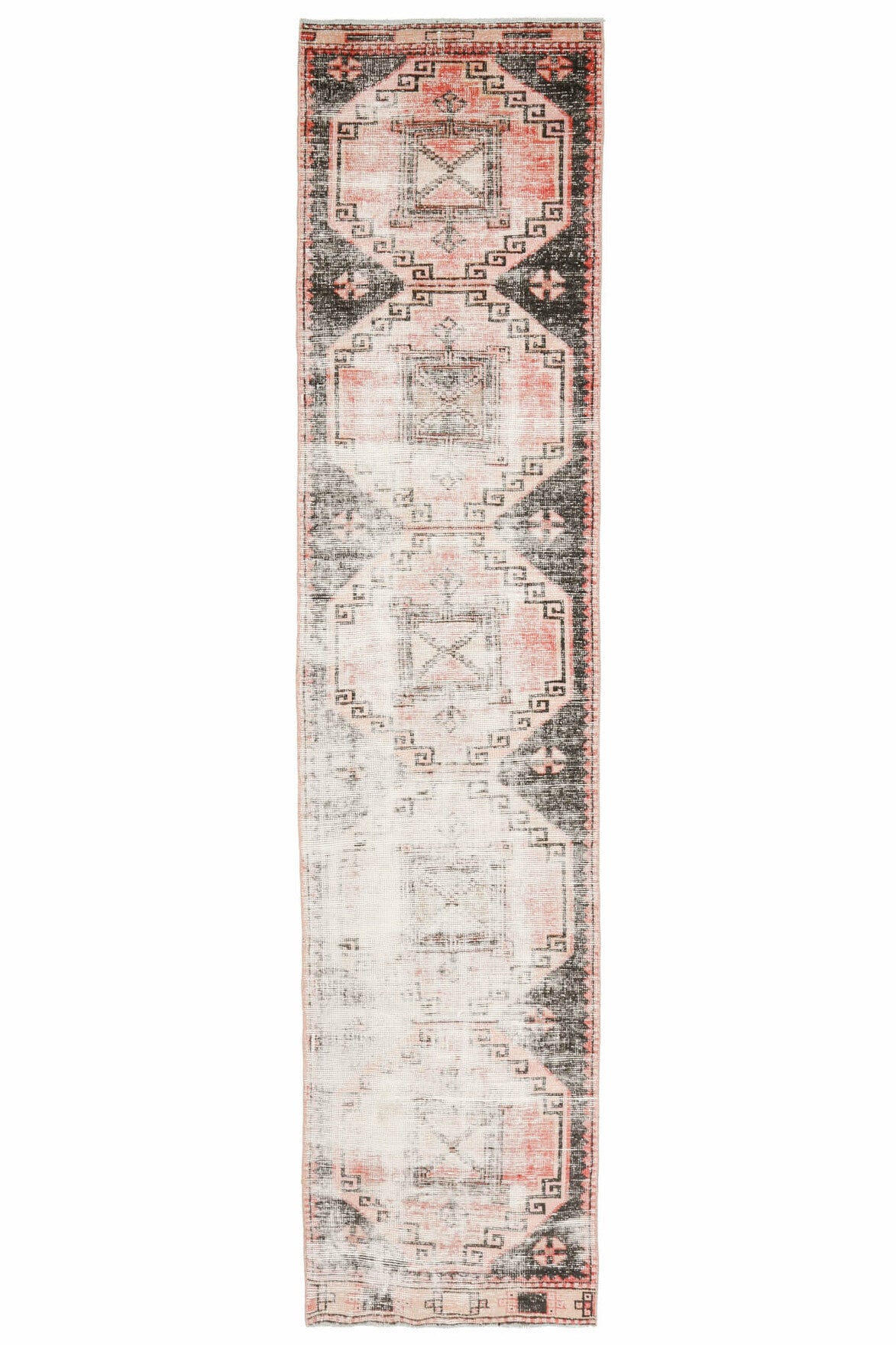 80x358 cm bej, turuncu ve beyaz oryantal desenli el dokuma vintage yolluk – üstten tam görünüm