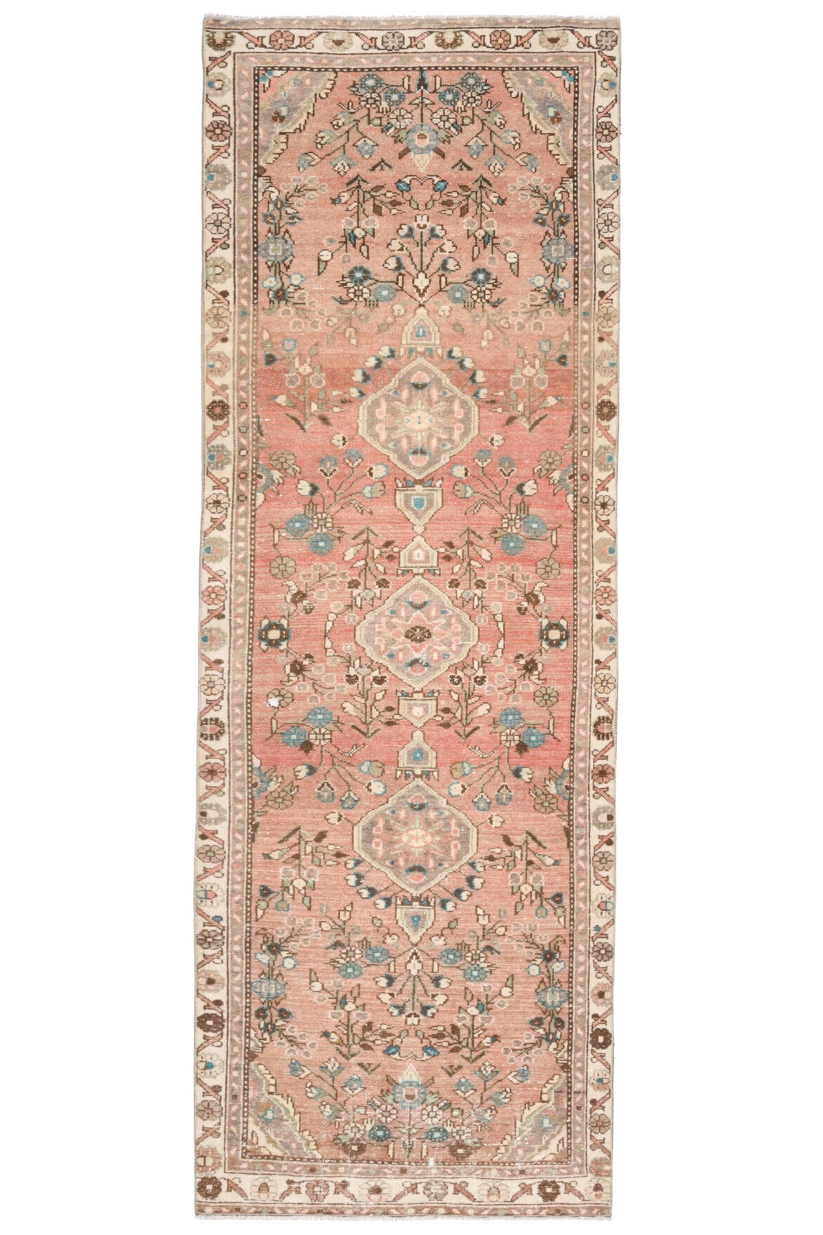 96x283 cm turuncu oryantal desenli el dokuma vintage yolluk – üstten tam görünüm