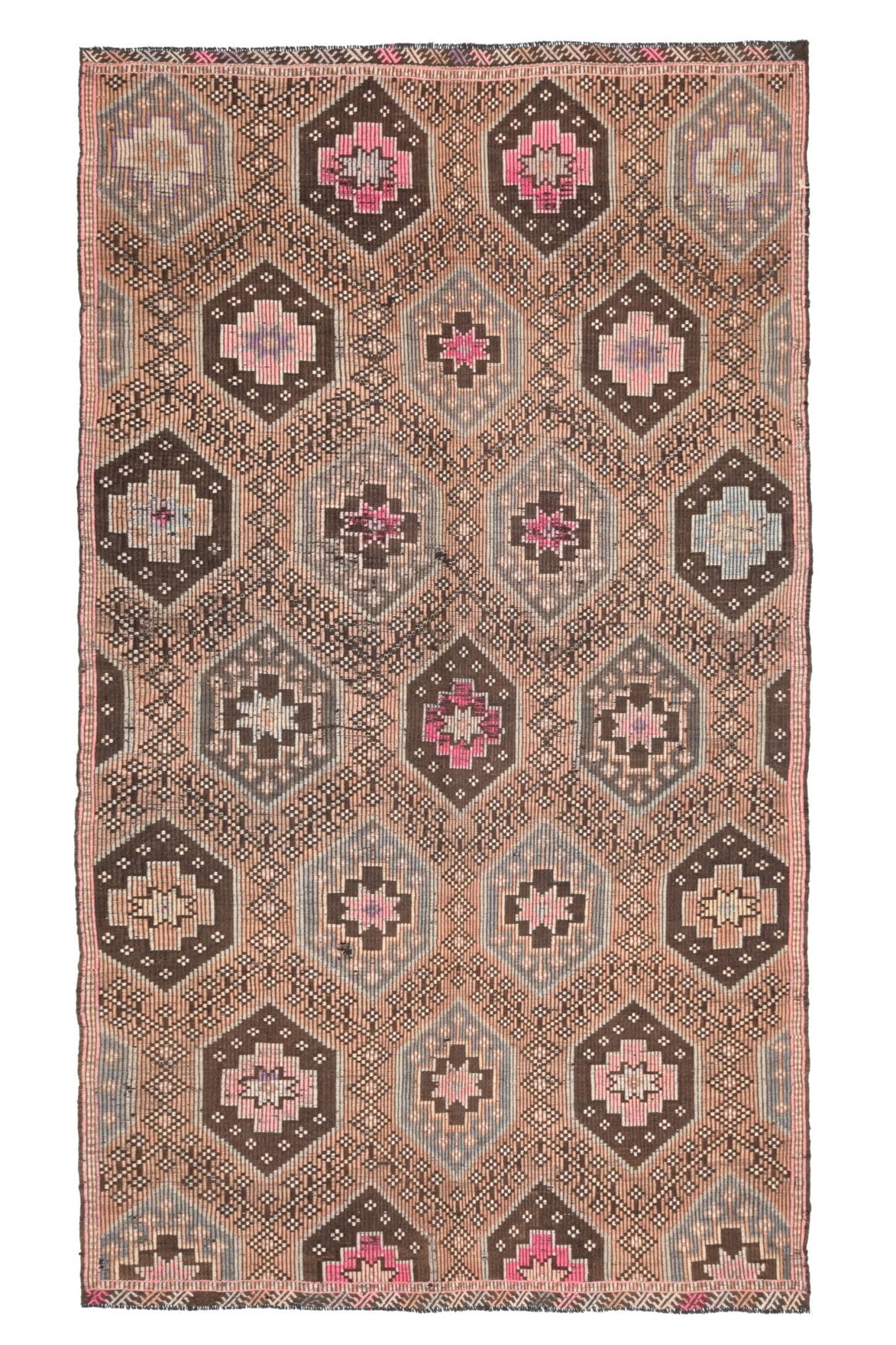 166x286 cm turuncu ve kahverengi geometrik desenli el dokuma vintage kilim – üstten tam görünüm