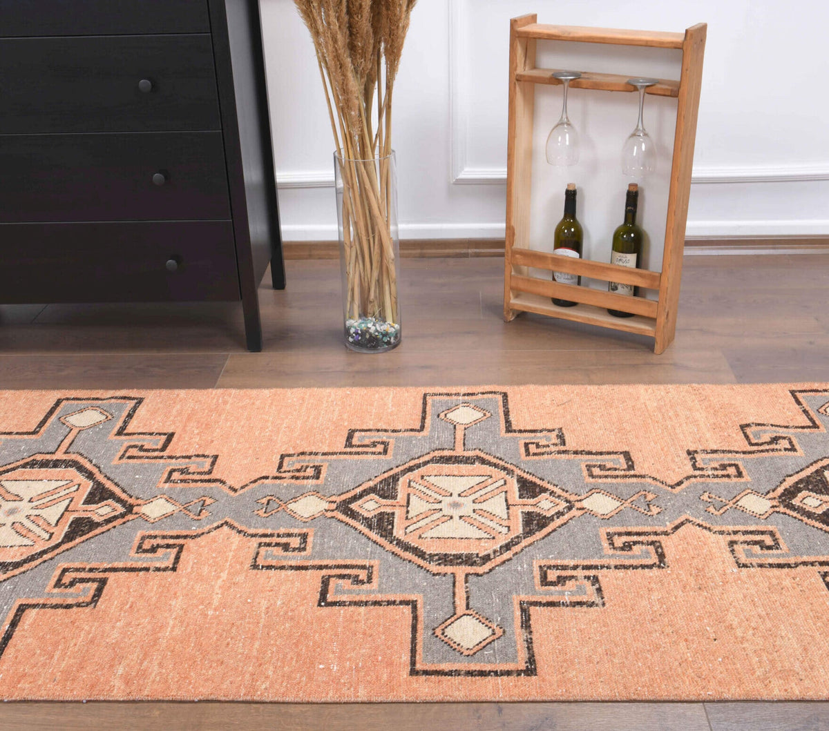 El yapımı vintage yolluk 94x409 cm tribal desenli yün - açık alan görünümü