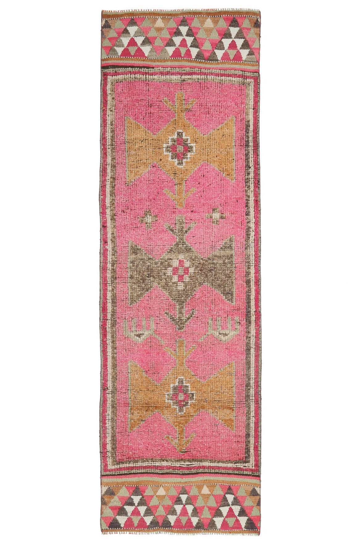 90x298 cm kırmızı, turuncu ve pembe tribal desenli el dokuma vintage yolluk – üstten tam görünüm