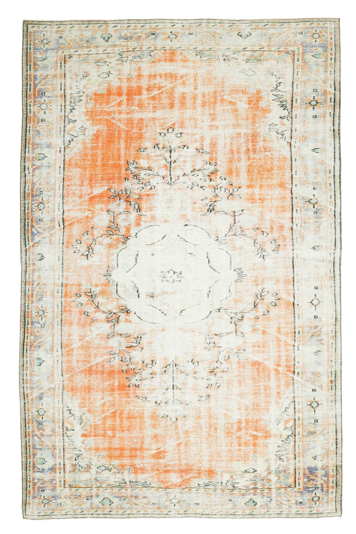 184x300 cm turuncu, bej ve beyaz oryantal desenli el dokuma vintage halı – üstten tam görünüm