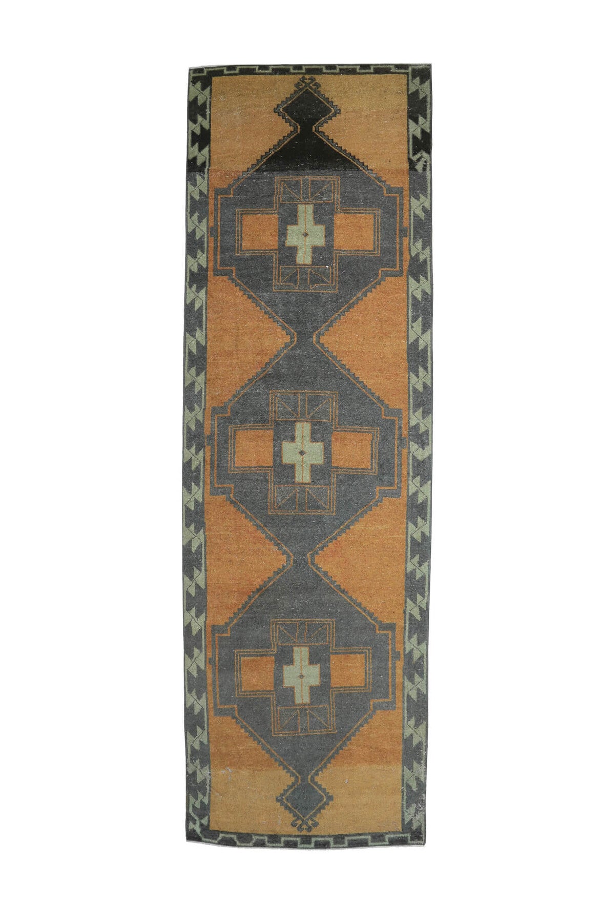116x372 cm turuncu, kahverengi ve gri oryantal desenli el dokuma vintage yolluk – üstten tam görünüm