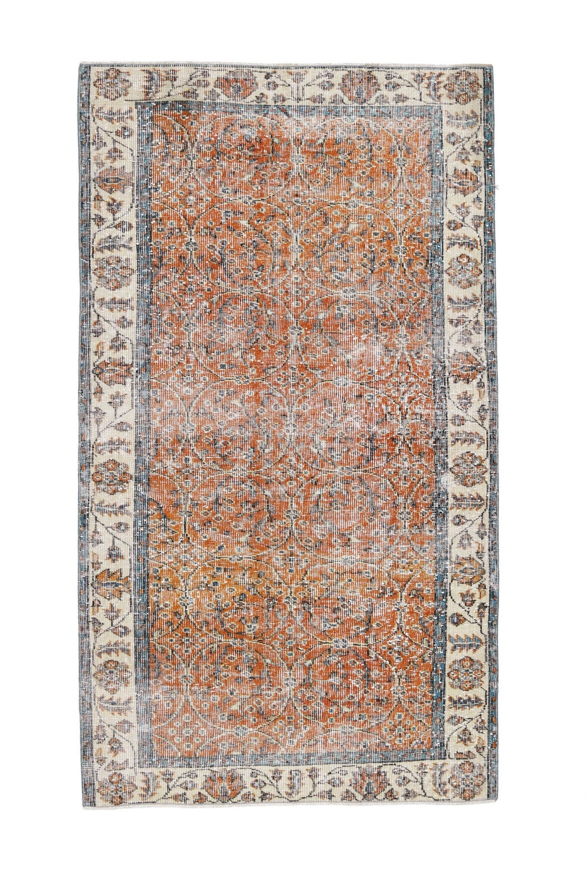 110x200 cm turuncu, bej ve gri çiçek desenli el dokuma vintage halı – üstten tam görünüm