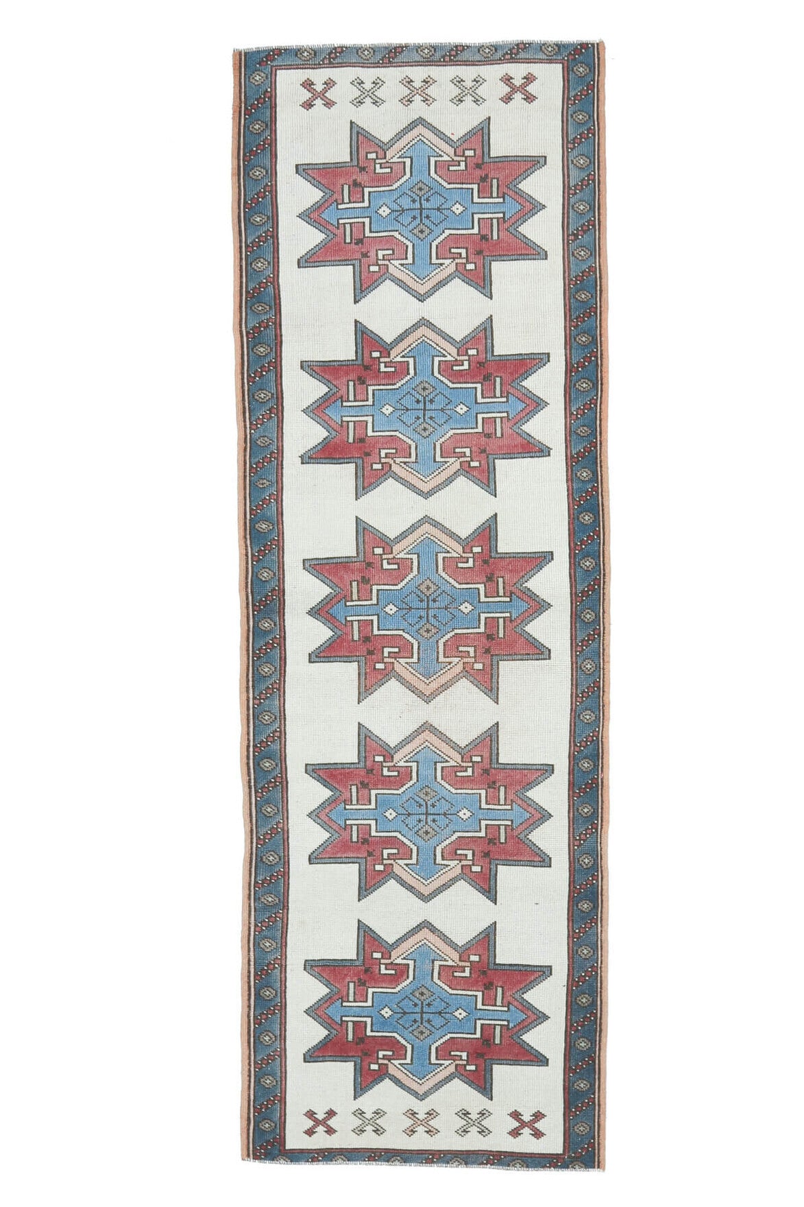 90x275 cm beyaz, mavi ve gri geometrik desenli el dokuma vintage yolluk – üstten tam görünüm