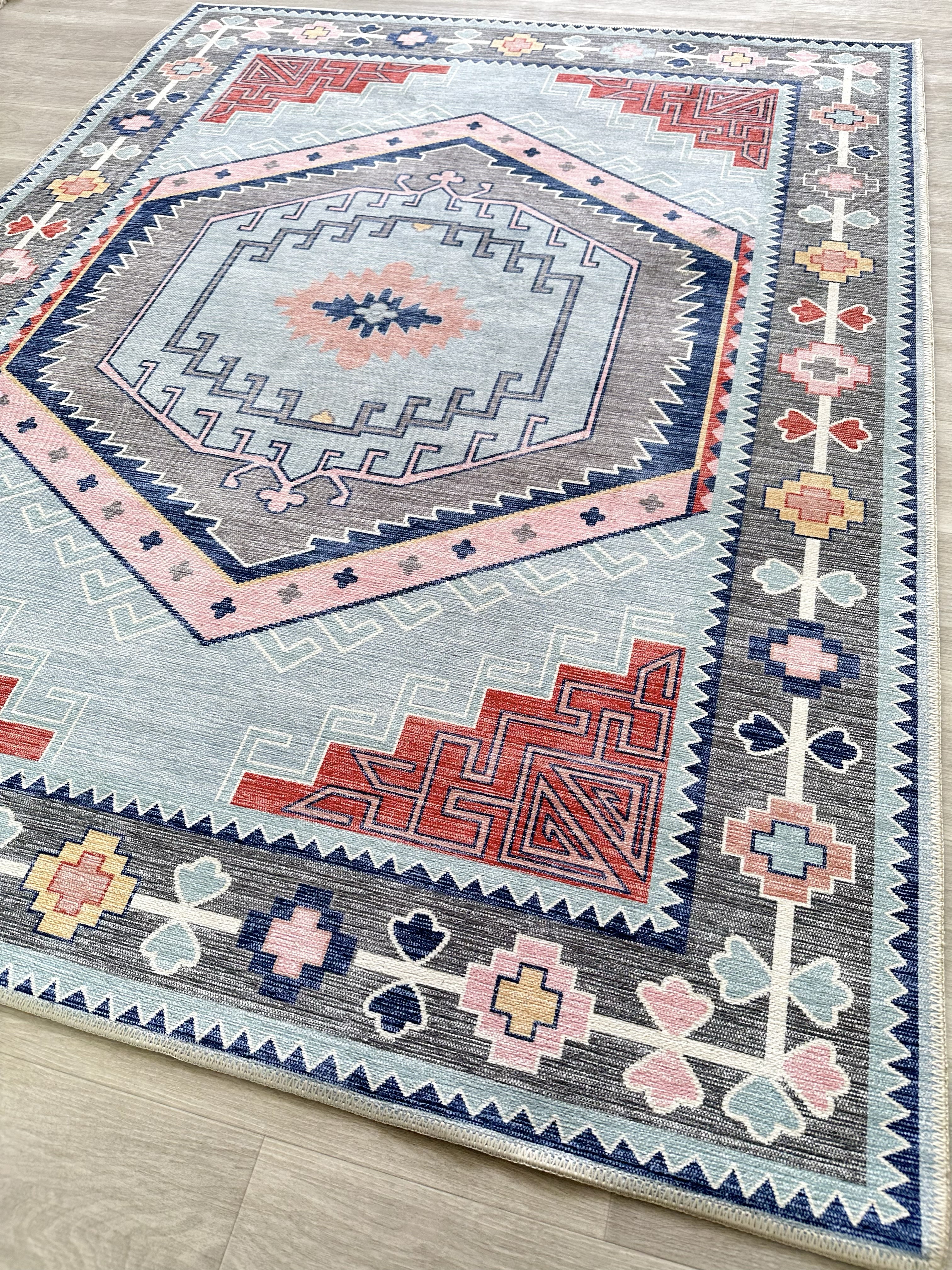 Uşak Blue Red Vintage Kilim Carpet