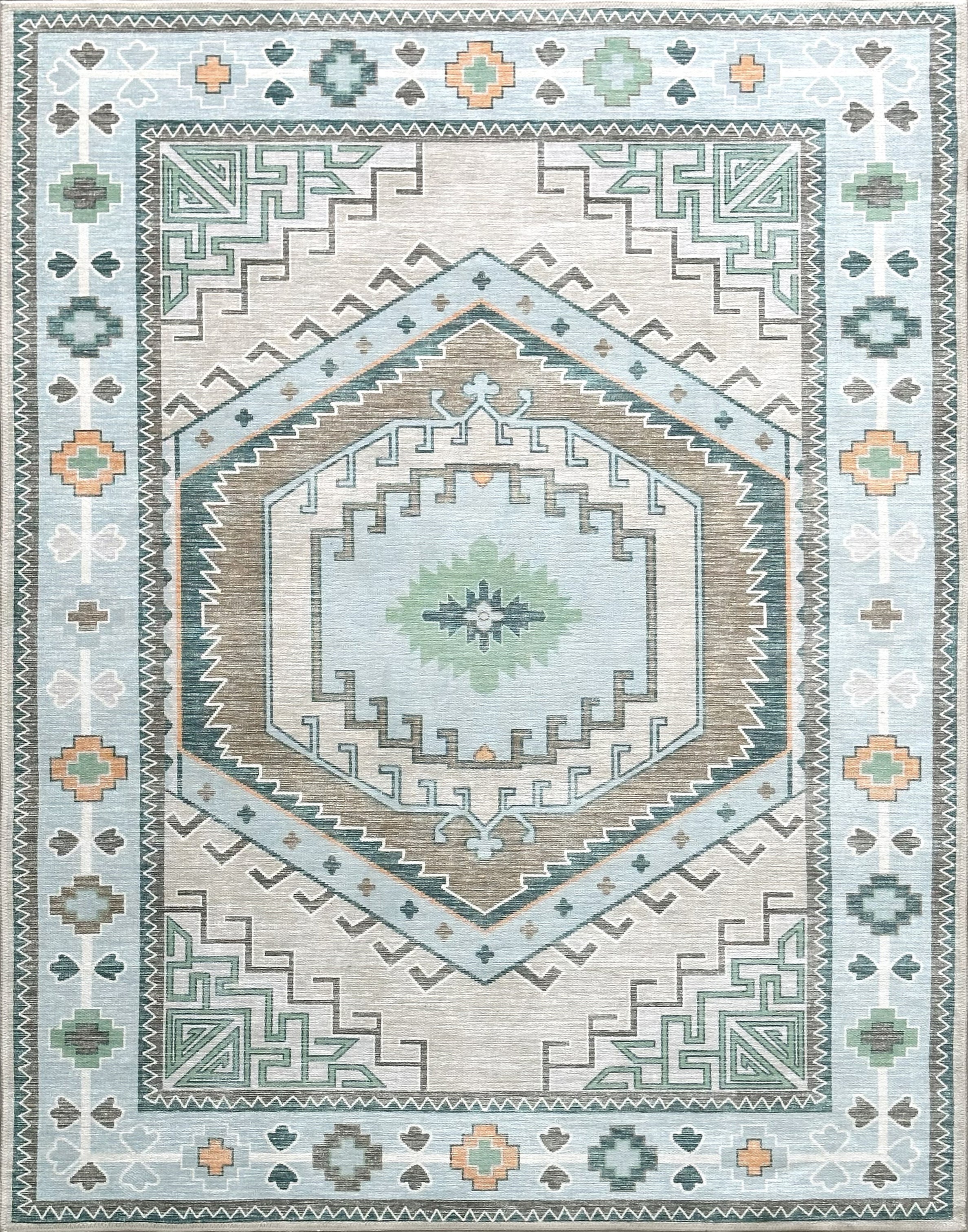 Geometrik Madalyon Desenli Açık Mavi Ve Su Yeşili Etnik Halı - AR856GG