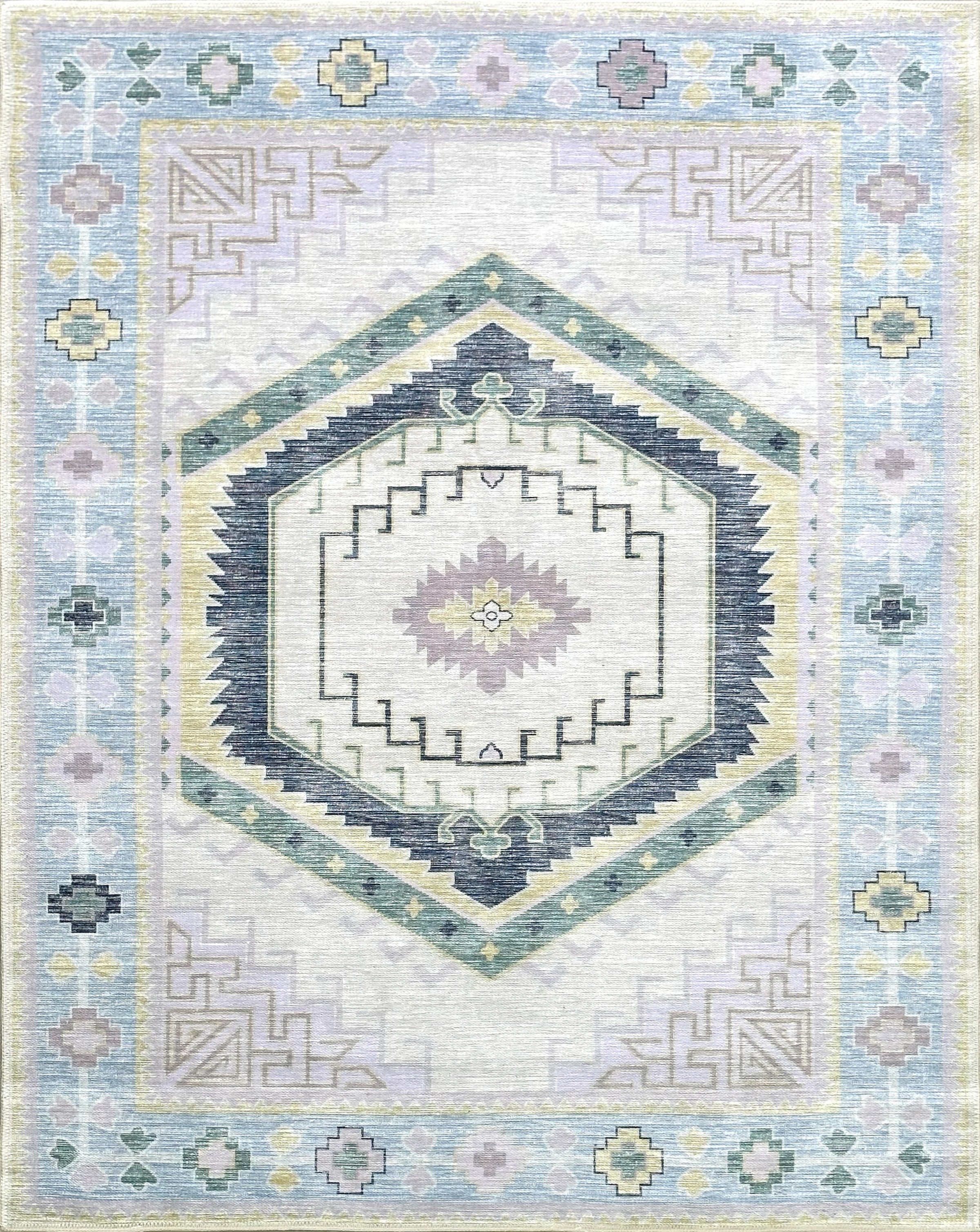 Geometrik Madalyon Desenli Krem Ve Açık Mavi Etnik Halı - AR865PB