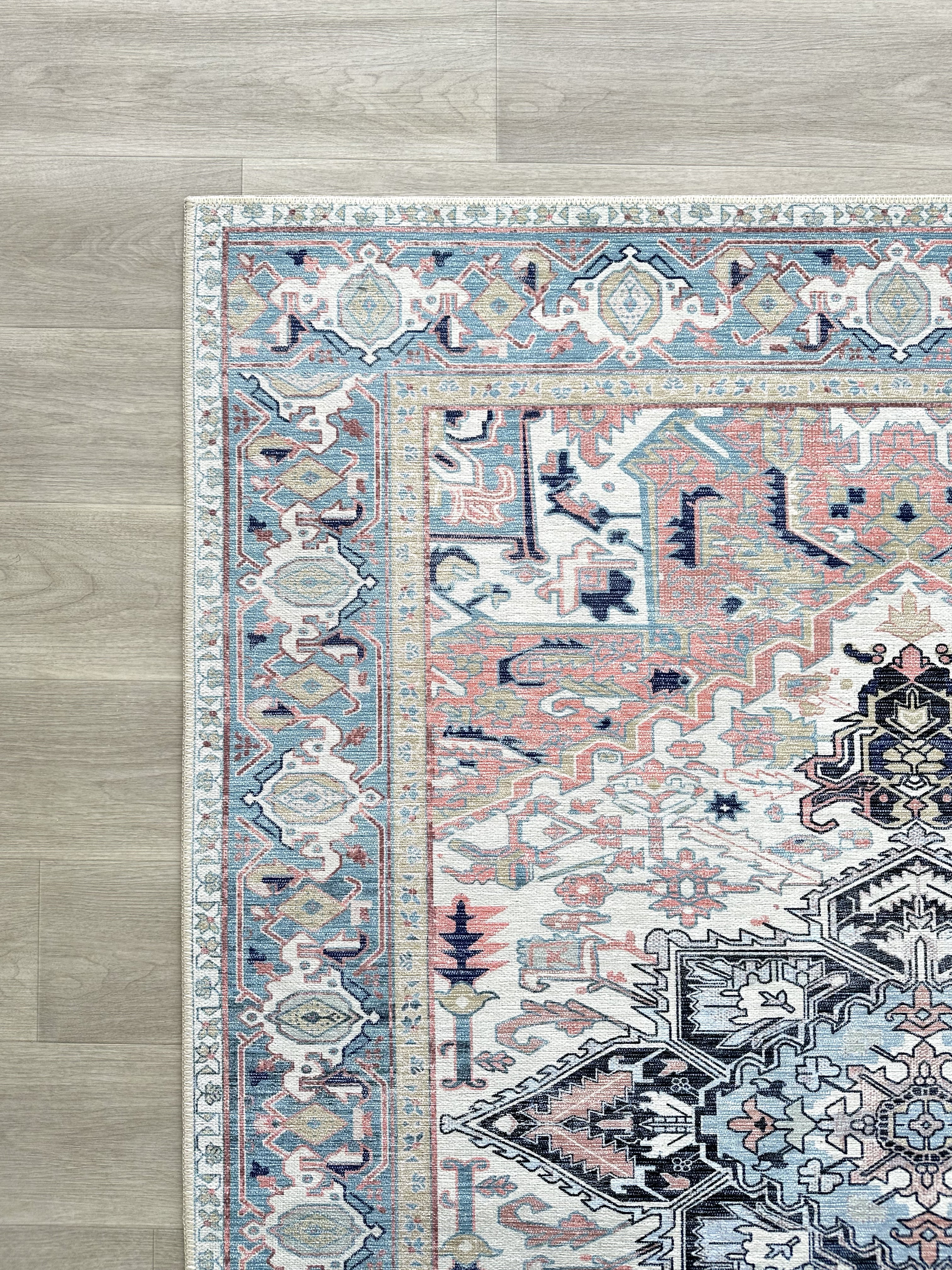 Geometrik Madalyon Desenli Açık Mavi ve Pudra Pembe Etnik Halı - AR861NT