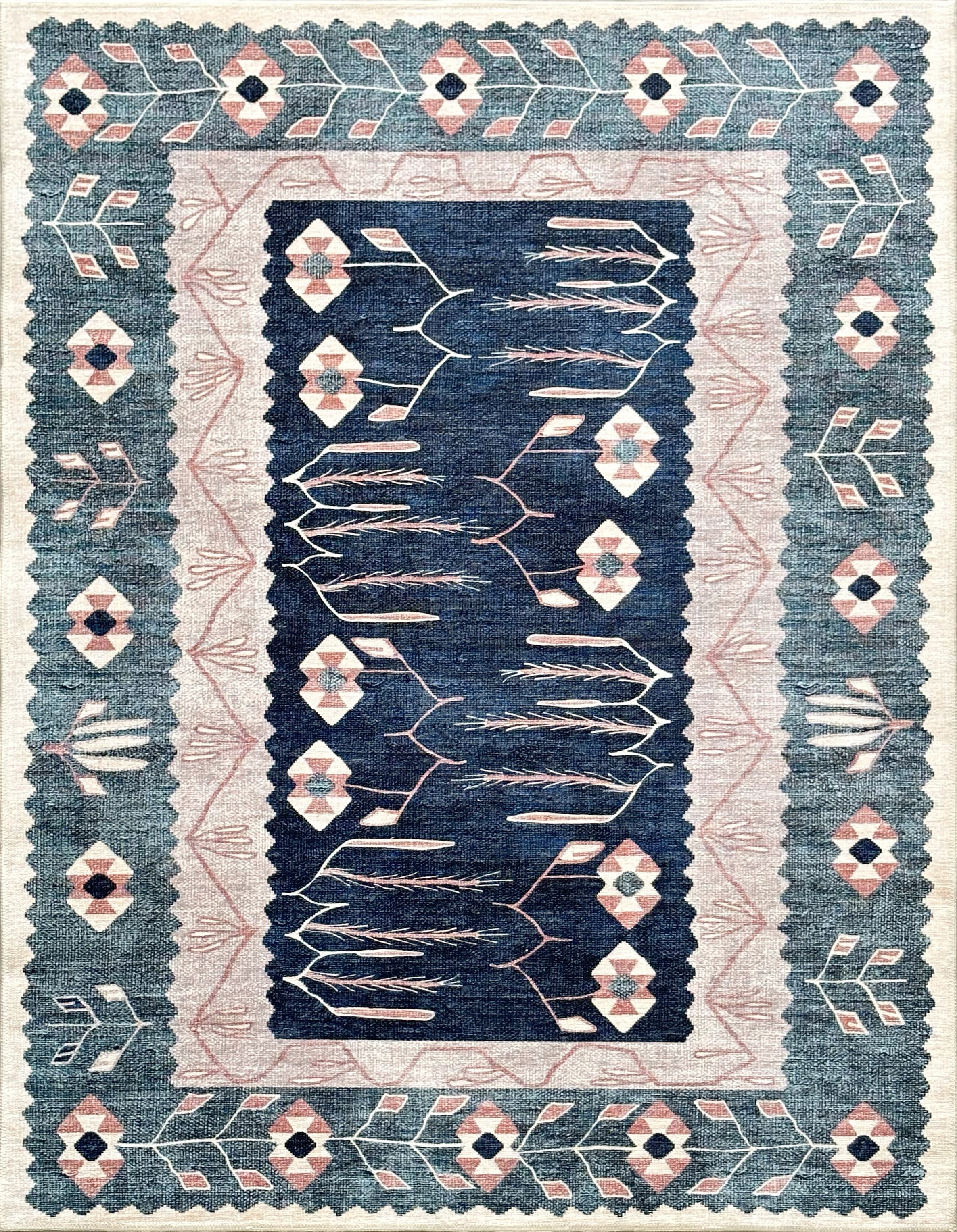 Geometrik Botanik Desenli Lacivert ve Pudra Pembe Etnik Halı - AR862CN