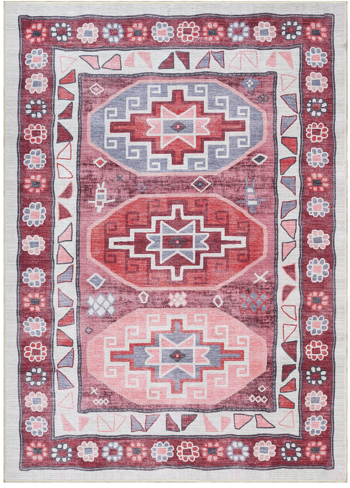 Sıralı Geometrik Madalyon Desenli Bordo ve Pembe Eskitme Halı - AR1011RR
