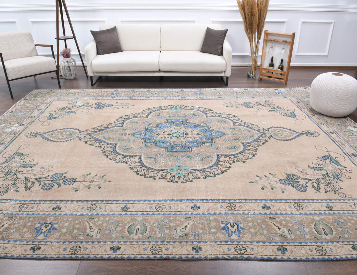 El yapımı vintage halı 300x391 cm oryantal desenli yün - detay görünümü