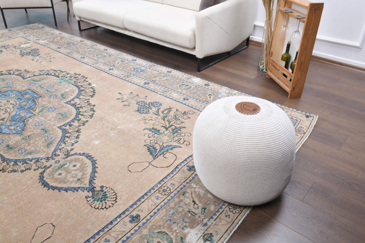 El yapımı vintage halı 300x391 cm oryantal desenli yün - yakın çekim doku detayı