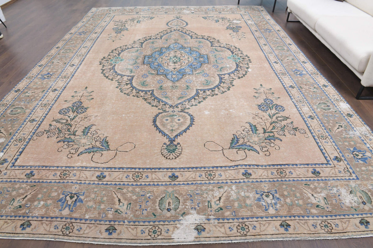 El yapımı vintage halı 300x391 cm oryantal desenli yün - kenar ve saçak detayı