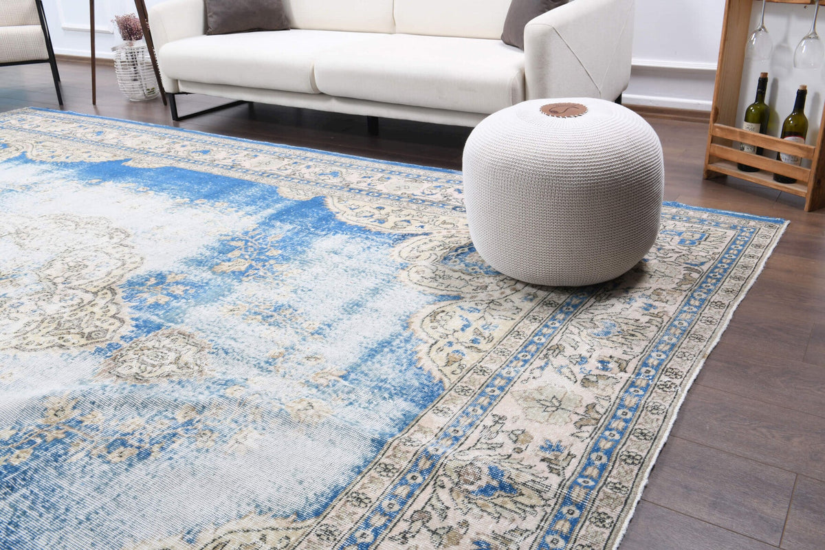 El yapımı vintage halı 305x391 cm oryantal desenli yün - kenar ve saçak detayı