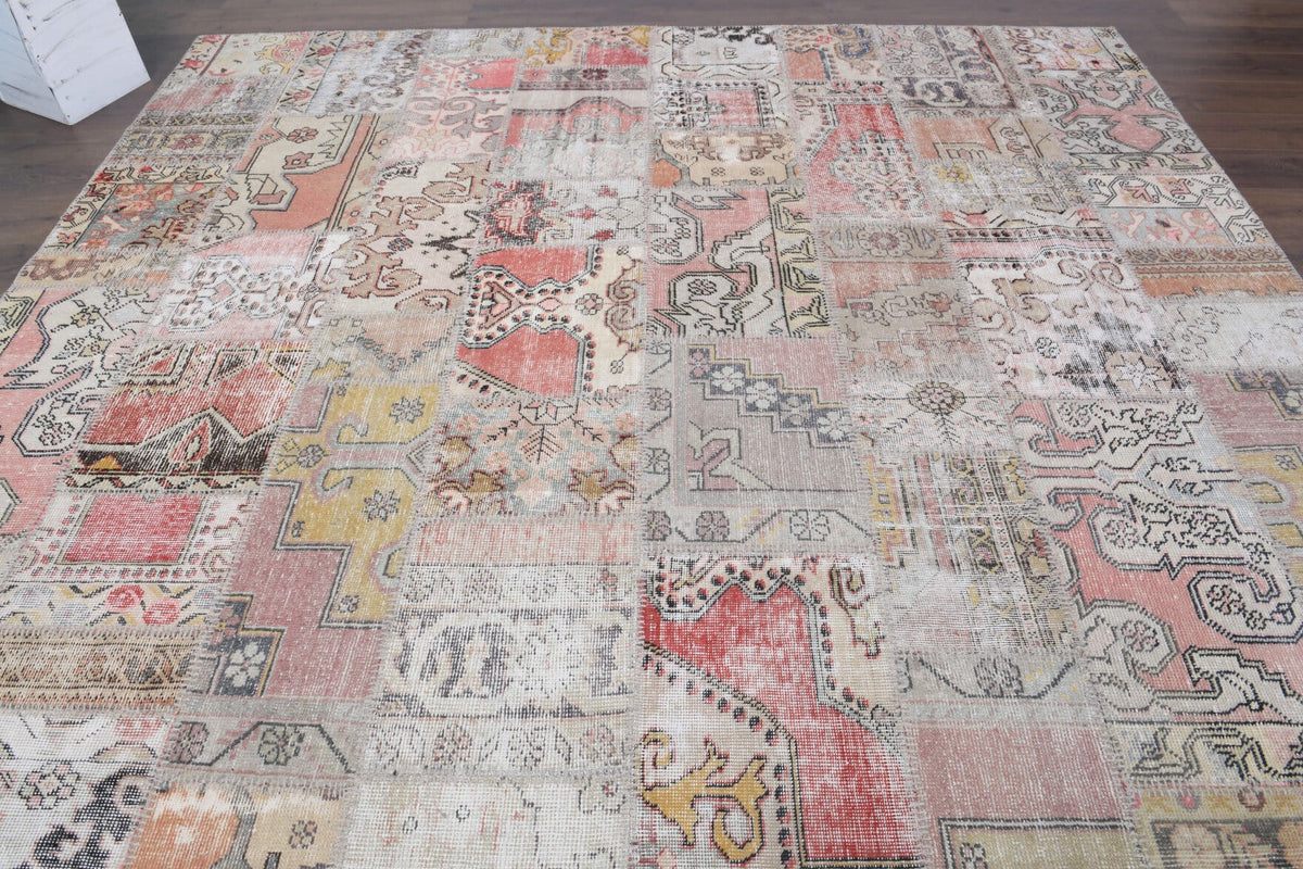 El yapımı vintage halı 302x401 cm tribal desenli yün - yakın çekim doku detayı