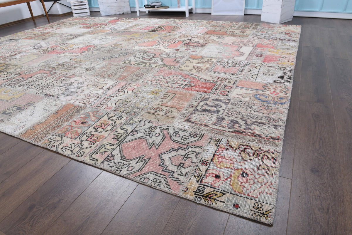 El yapımı vintage halı 302x401 cm tribal desenli yün - üstten görünüm