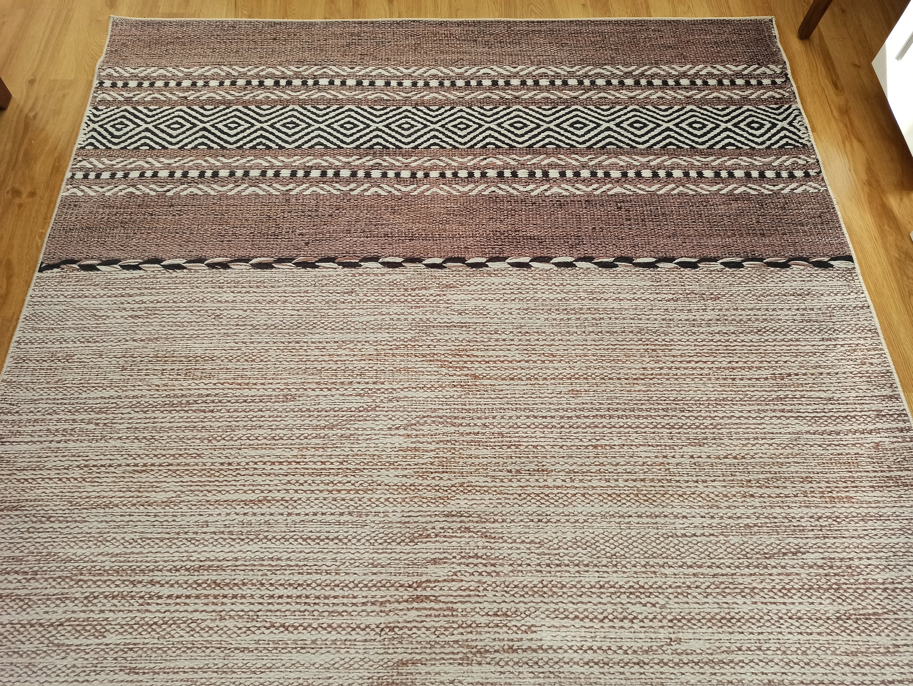 Etnik Kilim Desenli Kahverengi ve Bej Çizgili Bohem Halı - OUTLET - 12428OU
