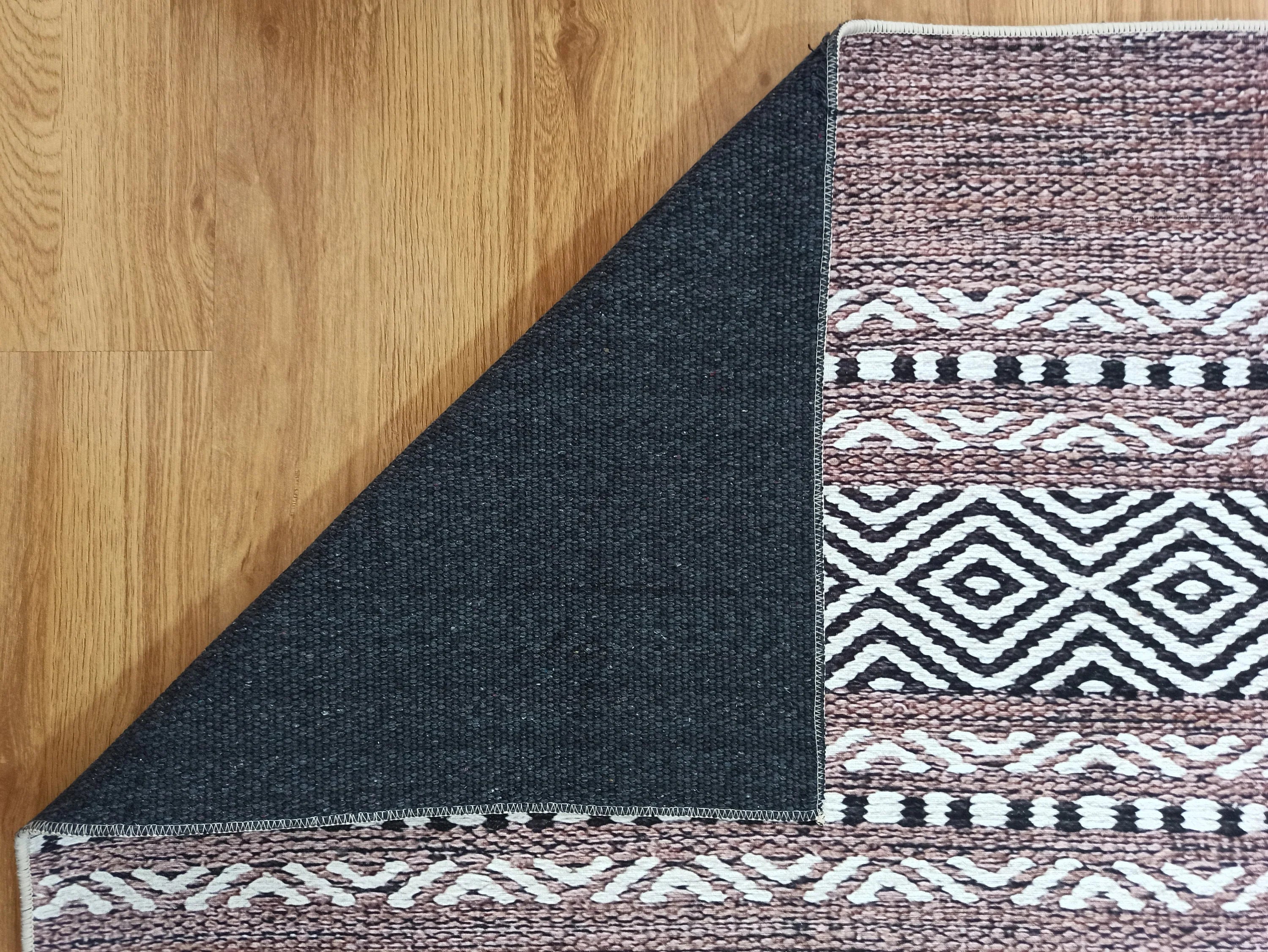 Etnik Kilim Desenli Kahverengi ve Bej Çizgili Bohem Halı - OUTLET - 12428OU