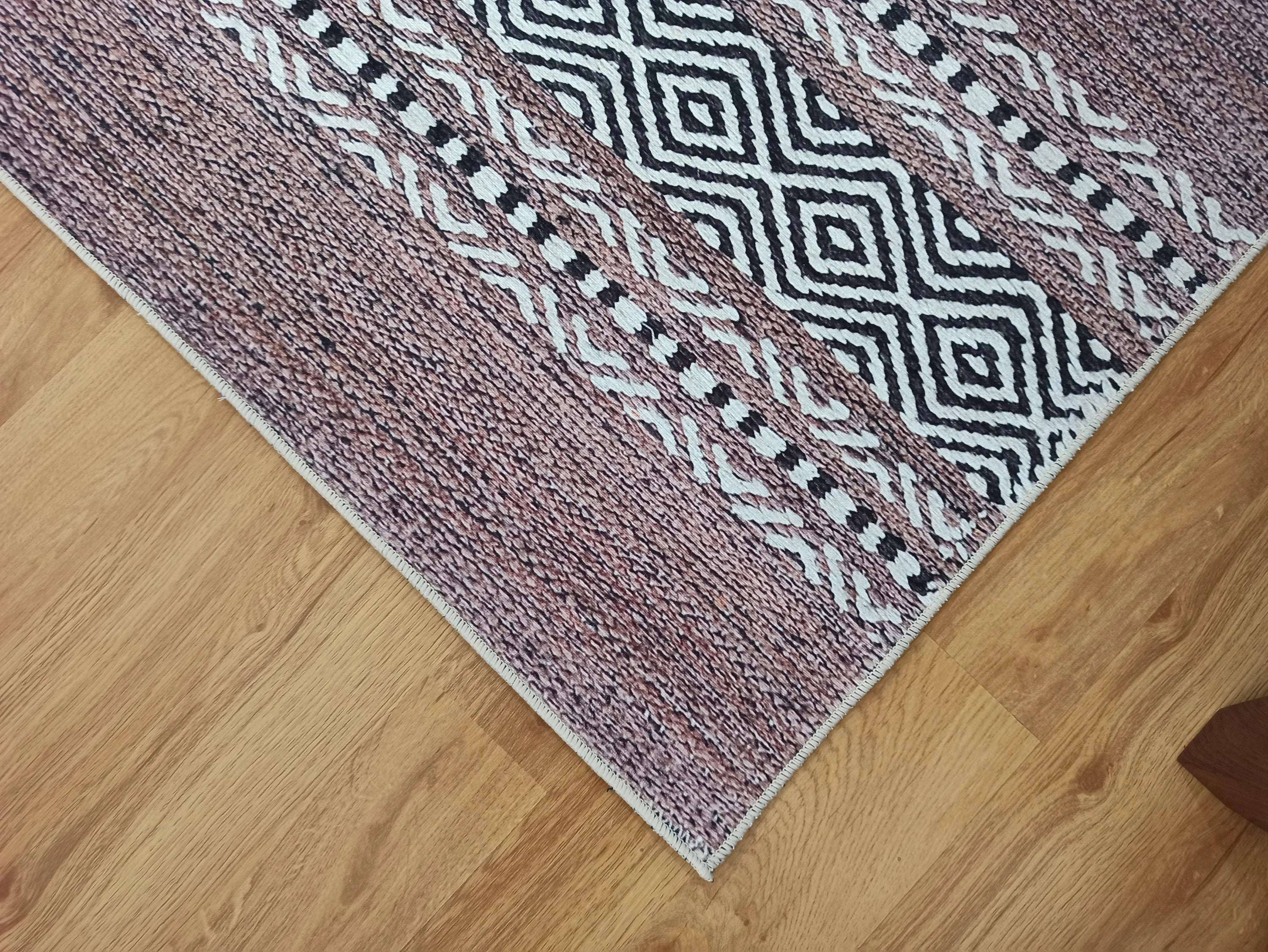 Etnik Kilim Desenli Kahverengi ve Bej Çizgili Bohem Halı - OUTLET - 12428OU