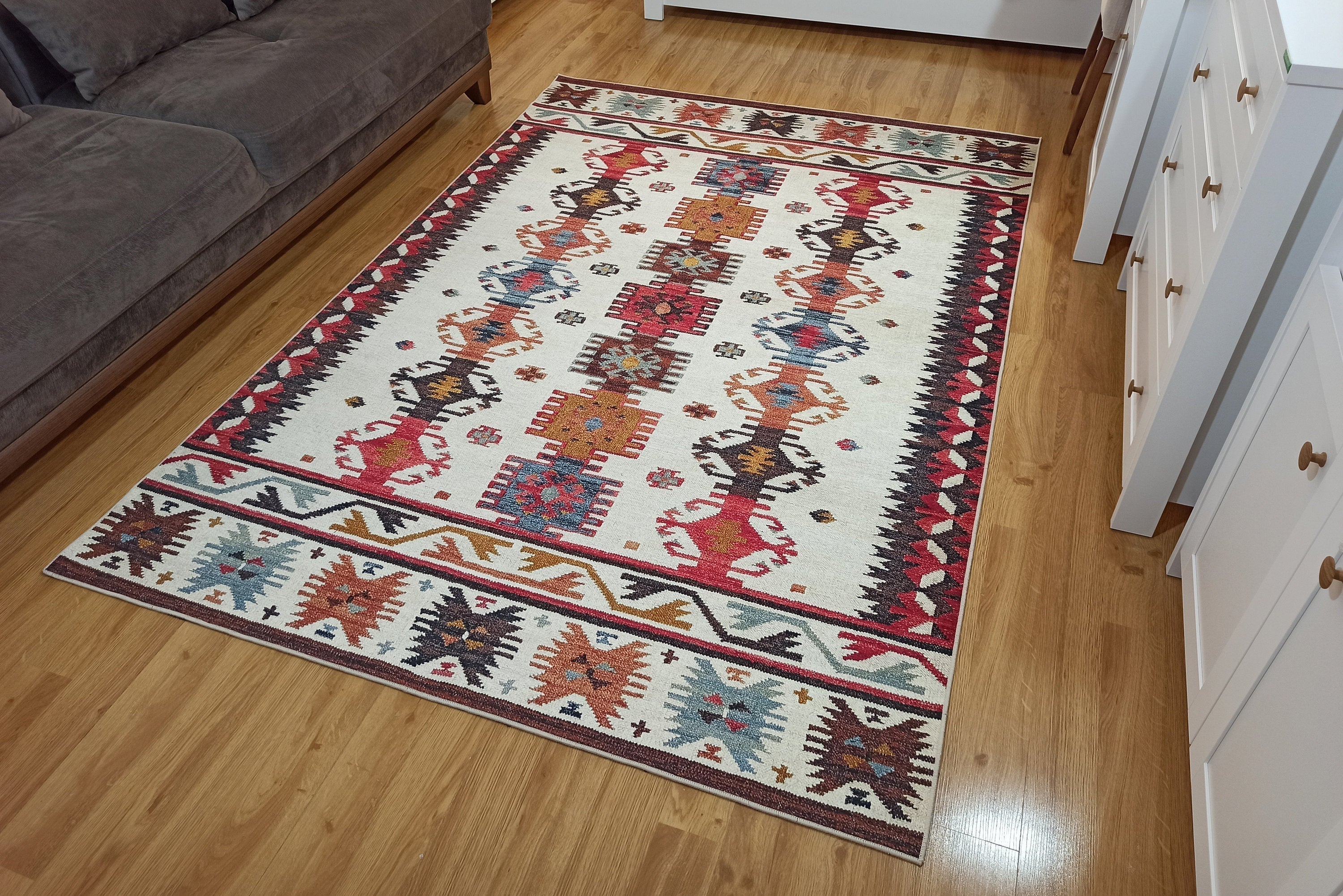 Krem ve Çok Renkli Geometrik Desenli Halı - OUTLET - 12479OU