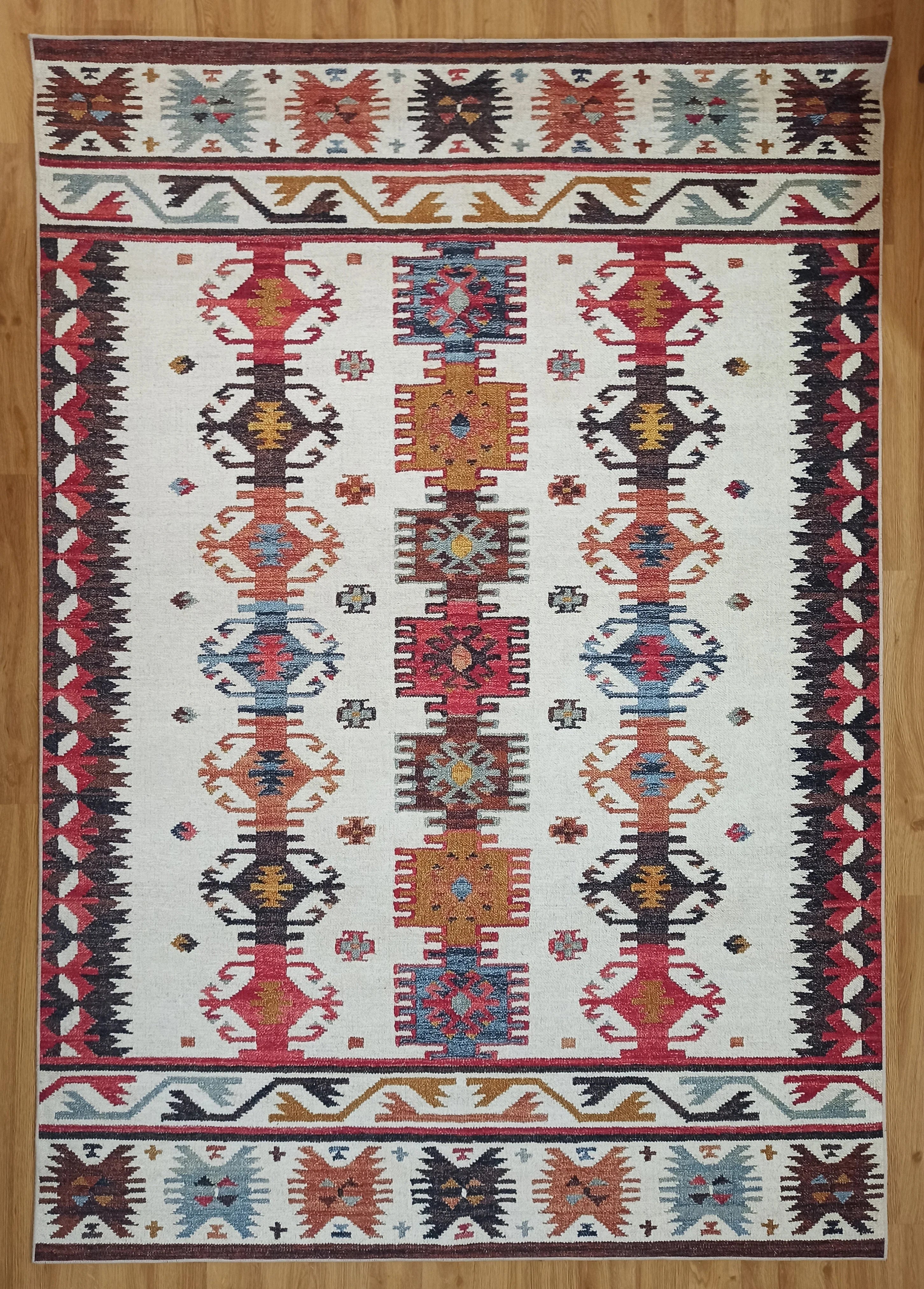 Krem ve Çok Renkli Geometrik Desenli Halı - OUTLET - 12479OU
