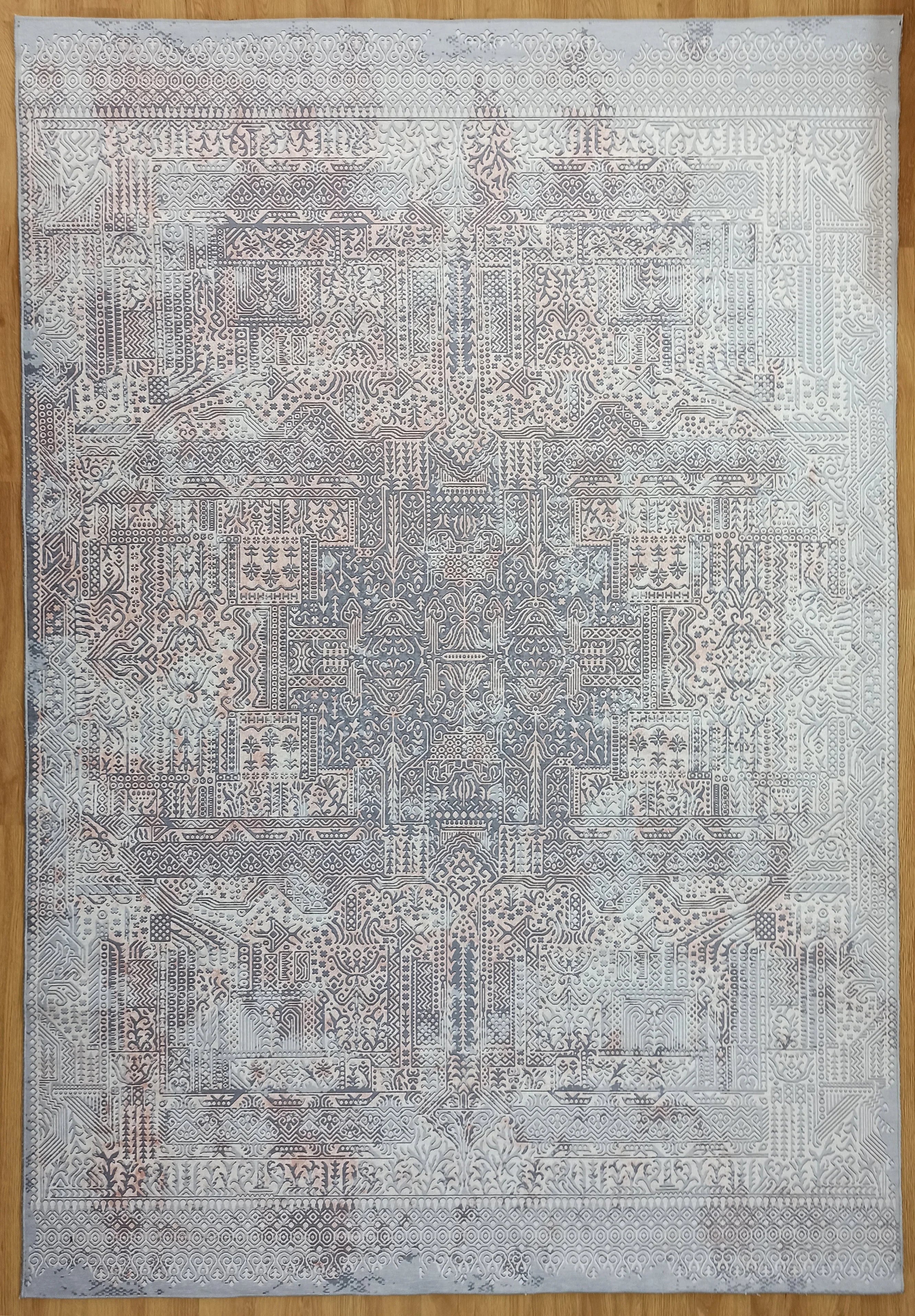 Eskitme Dokulu Gri ve Pudra Soyut Modern Halı - OUTLET - 12633OU