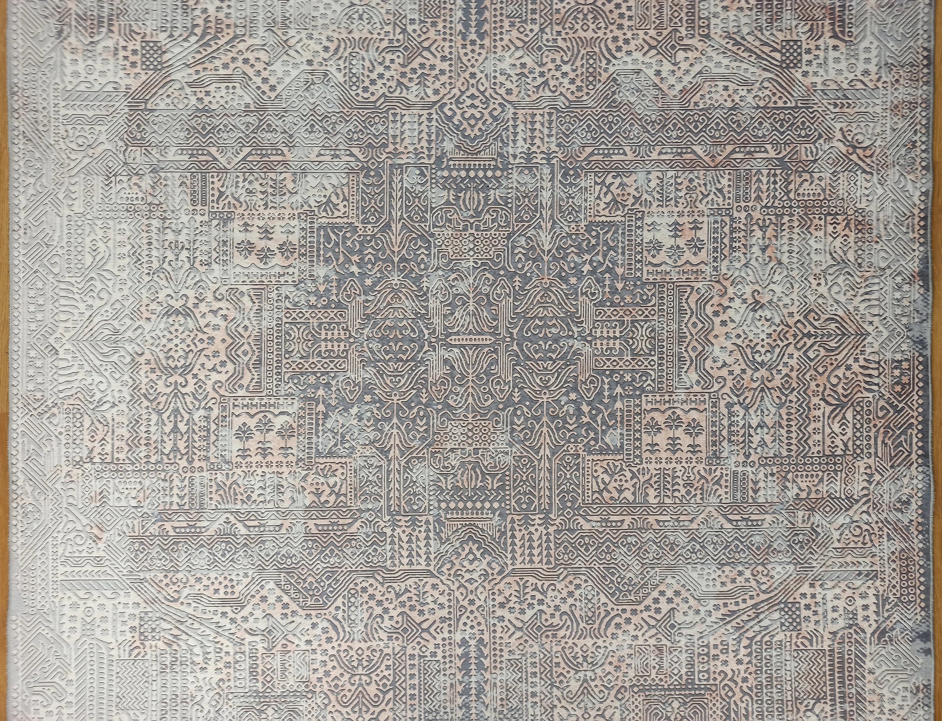 Eskitme Dokulu Gri ve Pudra Soyut Modern Halı - OUTLET - 12633OU