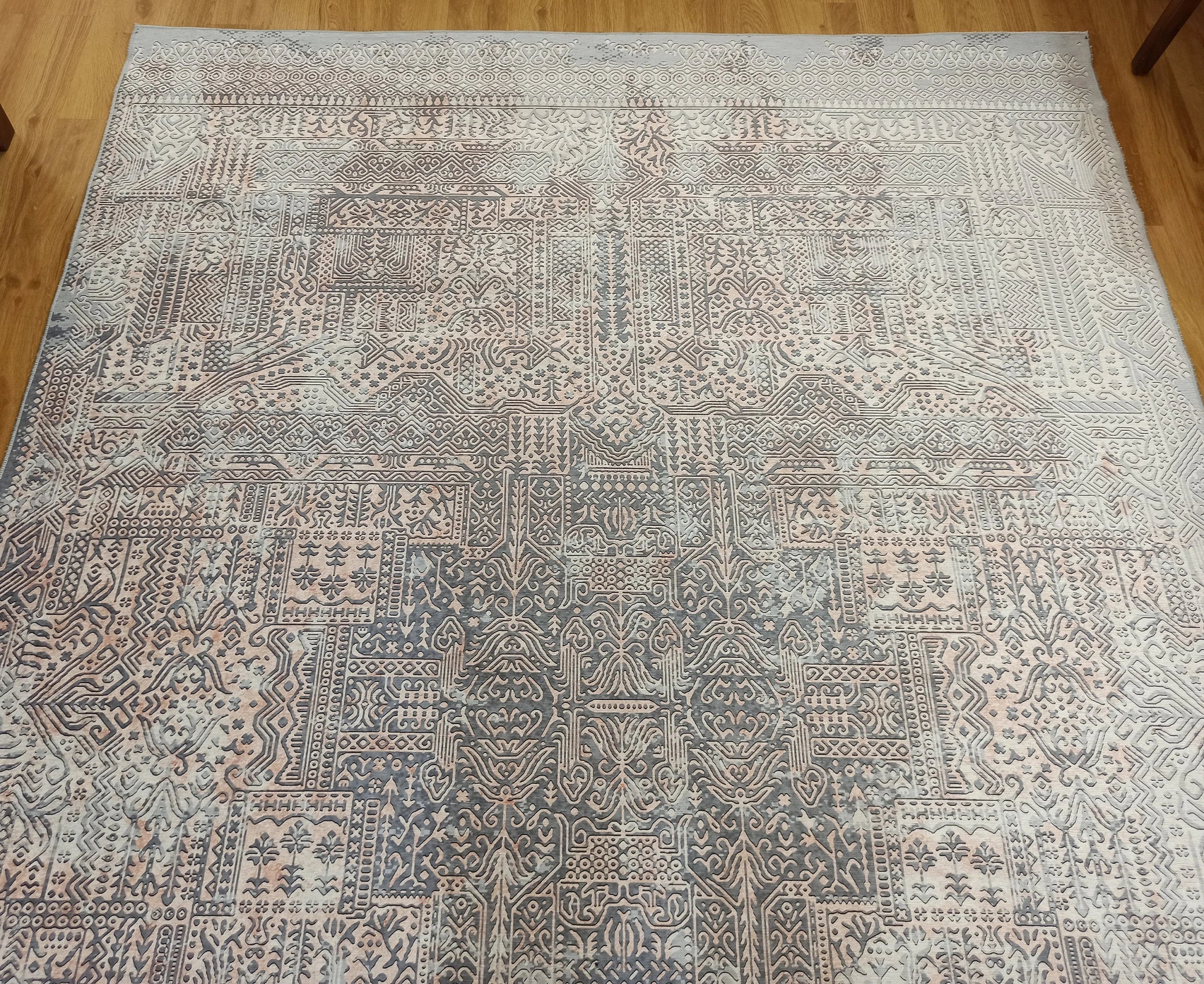 Eskitme Dokulu Gri ve Pudra Soyut Modern Halı - OUTLET - 12633OU