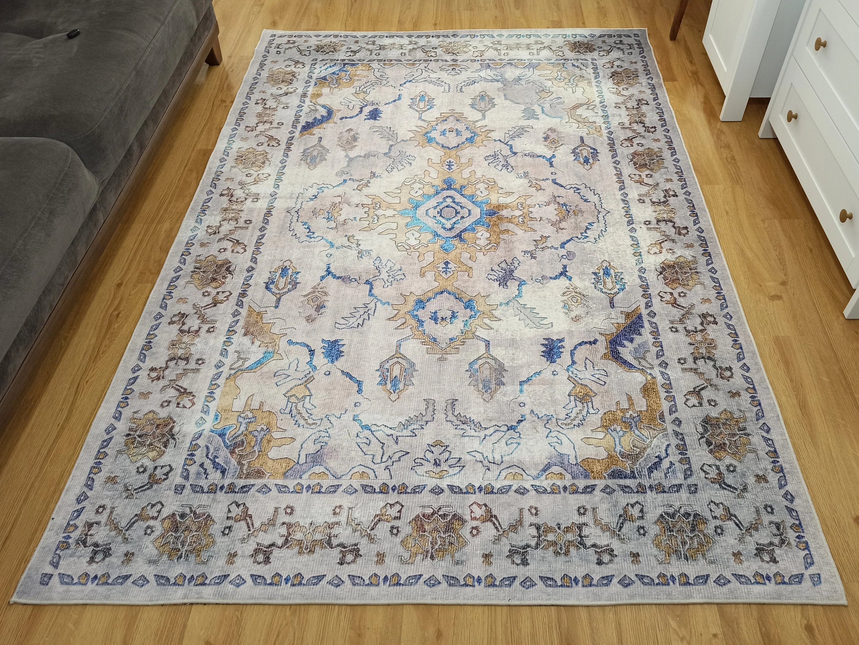 Bej ve Mavi Eskitme Desenli Vintage Halı - OUTLET - 12791OU