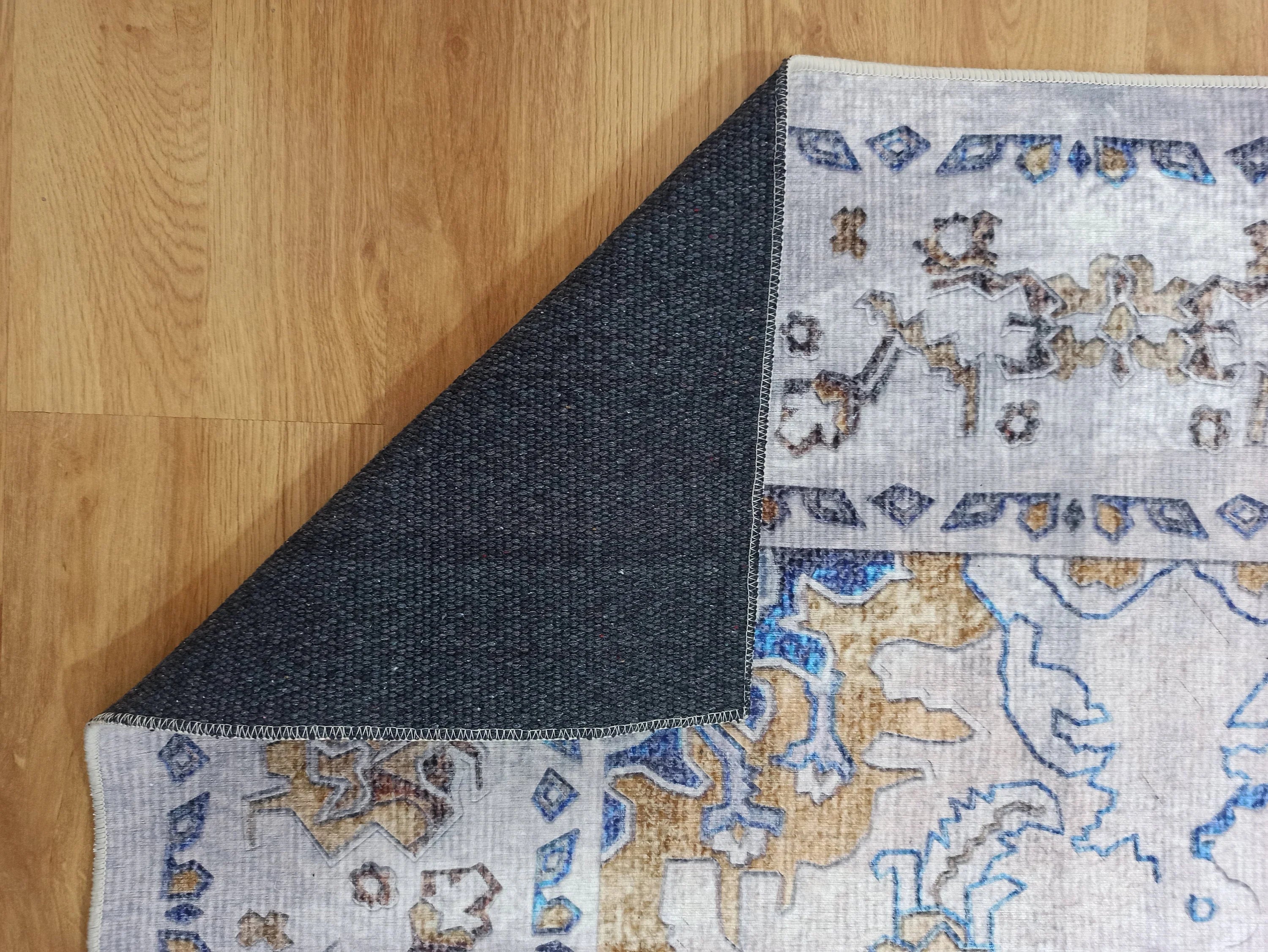 Bej ve Mavi Eskitme Desenli Vintage Halı - OUTLET - 12791OU