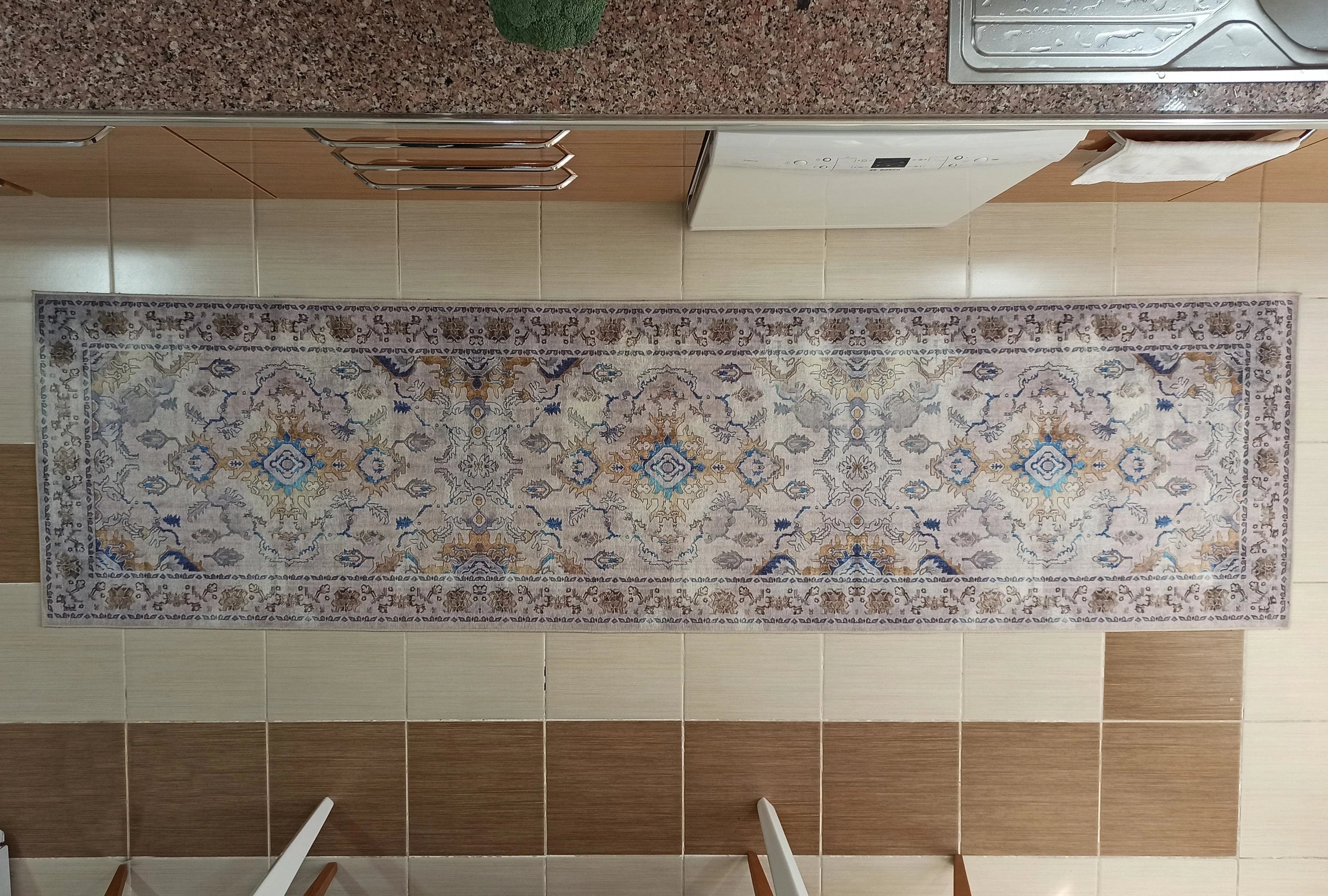 Bej ve Mavi Eskitme Desenli Vintage Halı - OUTLET - 12791OU
