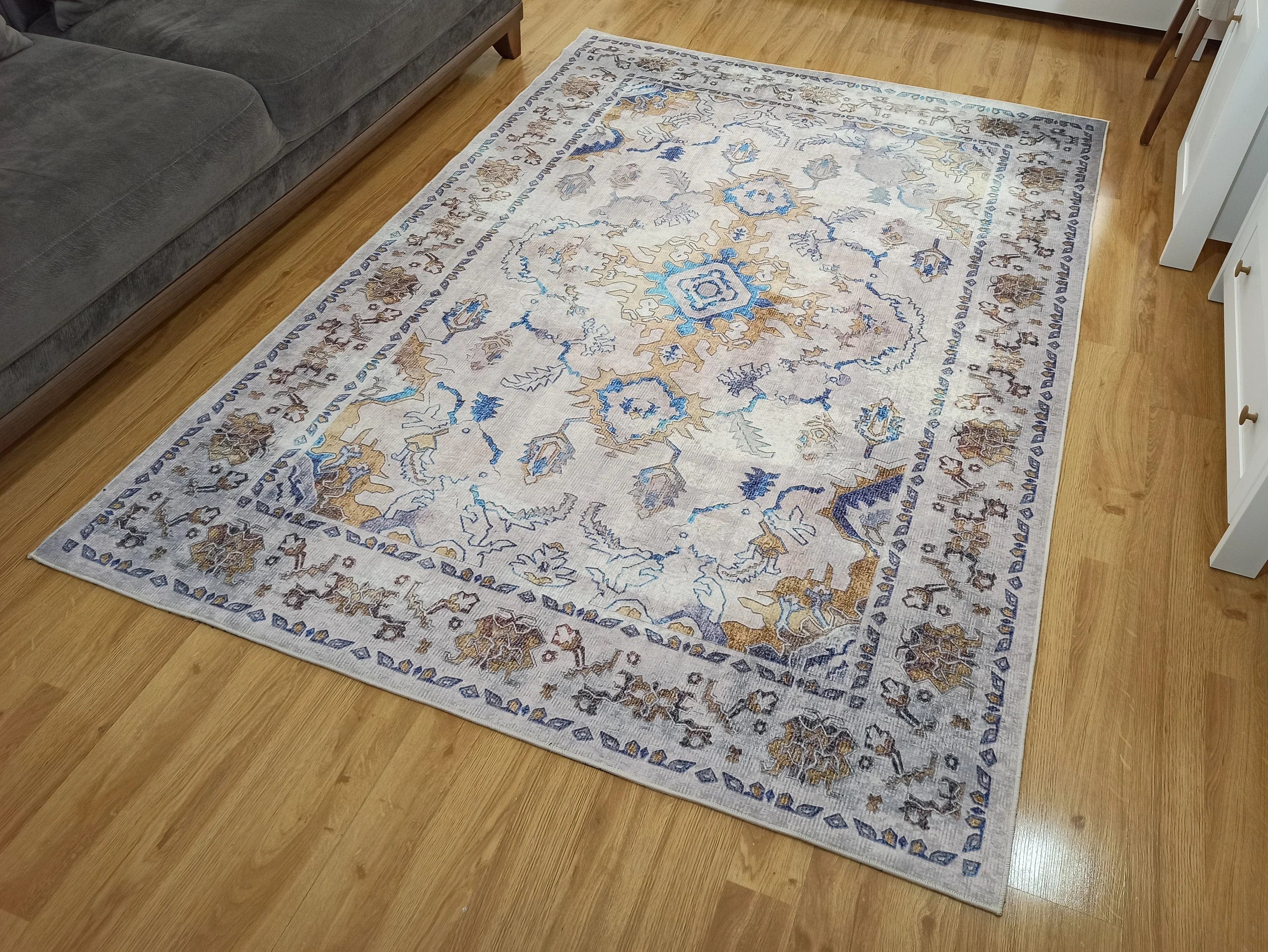 Bej ve Mavi Eskitme Desenli Vintage Halı - OUTLET - 12791OU